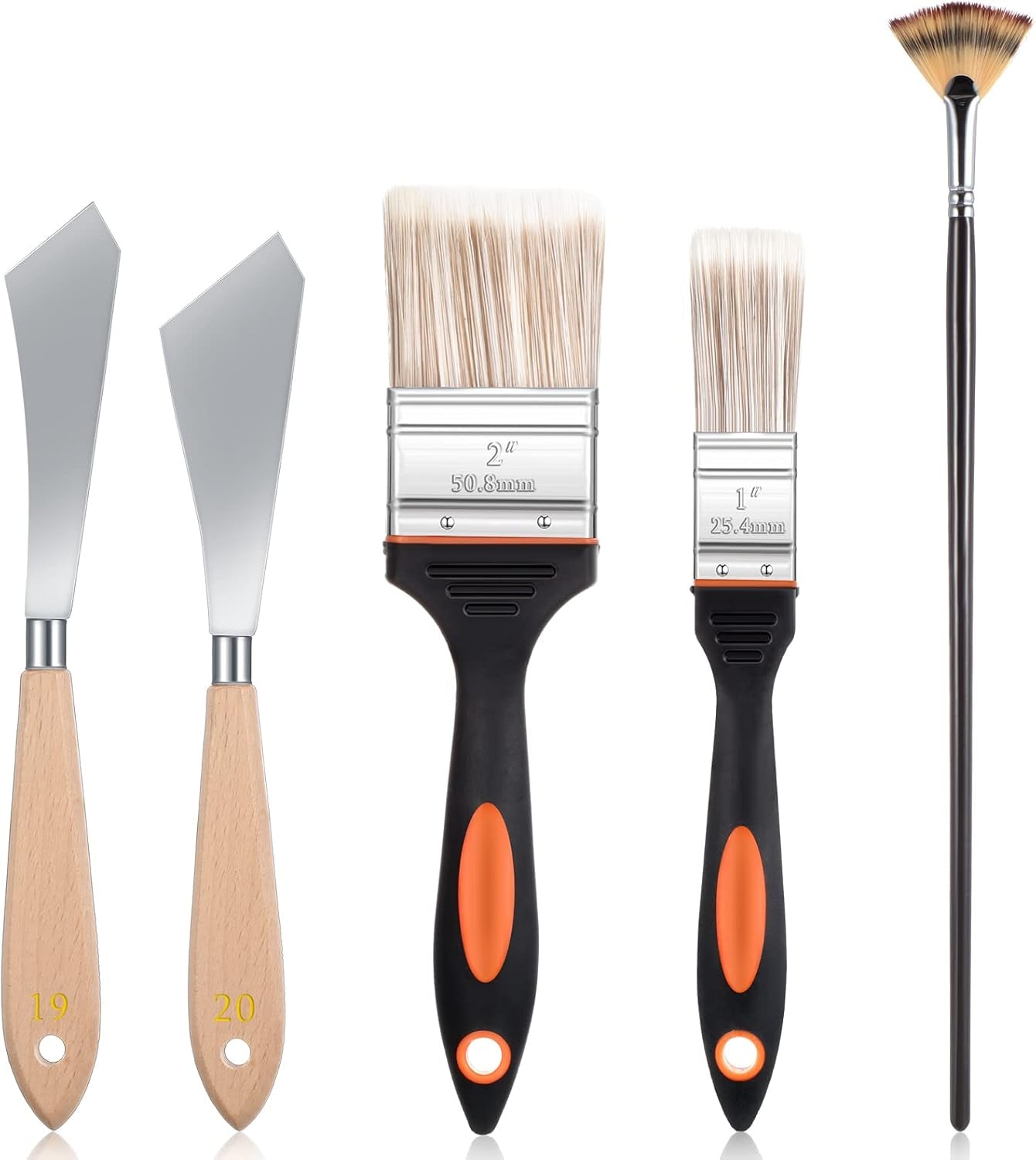 5 Pieces Painting Knife Set Background Blender Brush and Fan Blender Artist Brush Stainless Steel Palette Knife 2 Inch and 1 Inch Landscape Brush for Oil Canvas Acrylic Painting