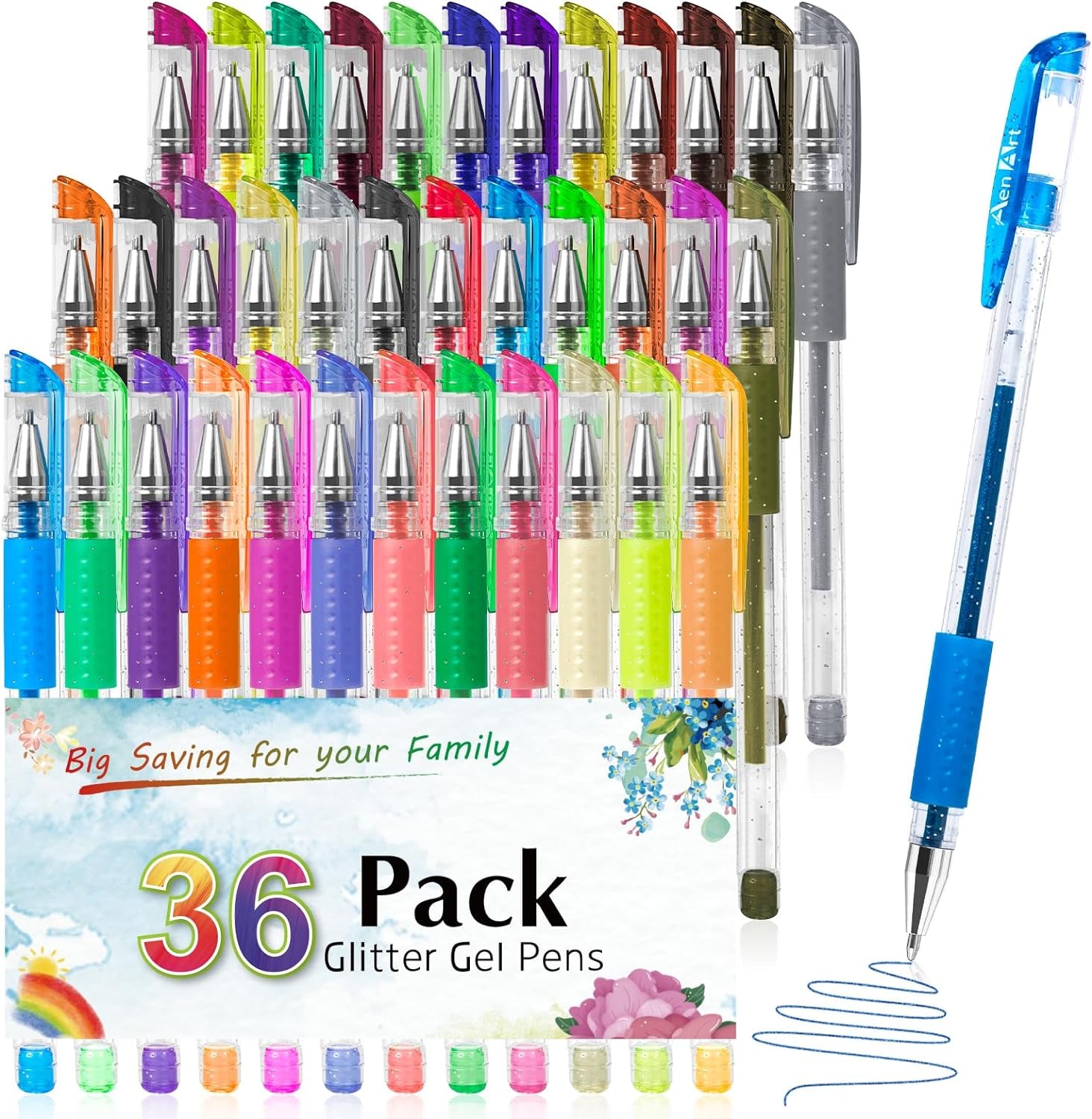 Glitter Gel Pens for Adult Coloring Books, 36 Colors Gel Marker Set Colored Pen with 40% More Ink for Kids Drawing, Doodling, Crafts and Taking Note