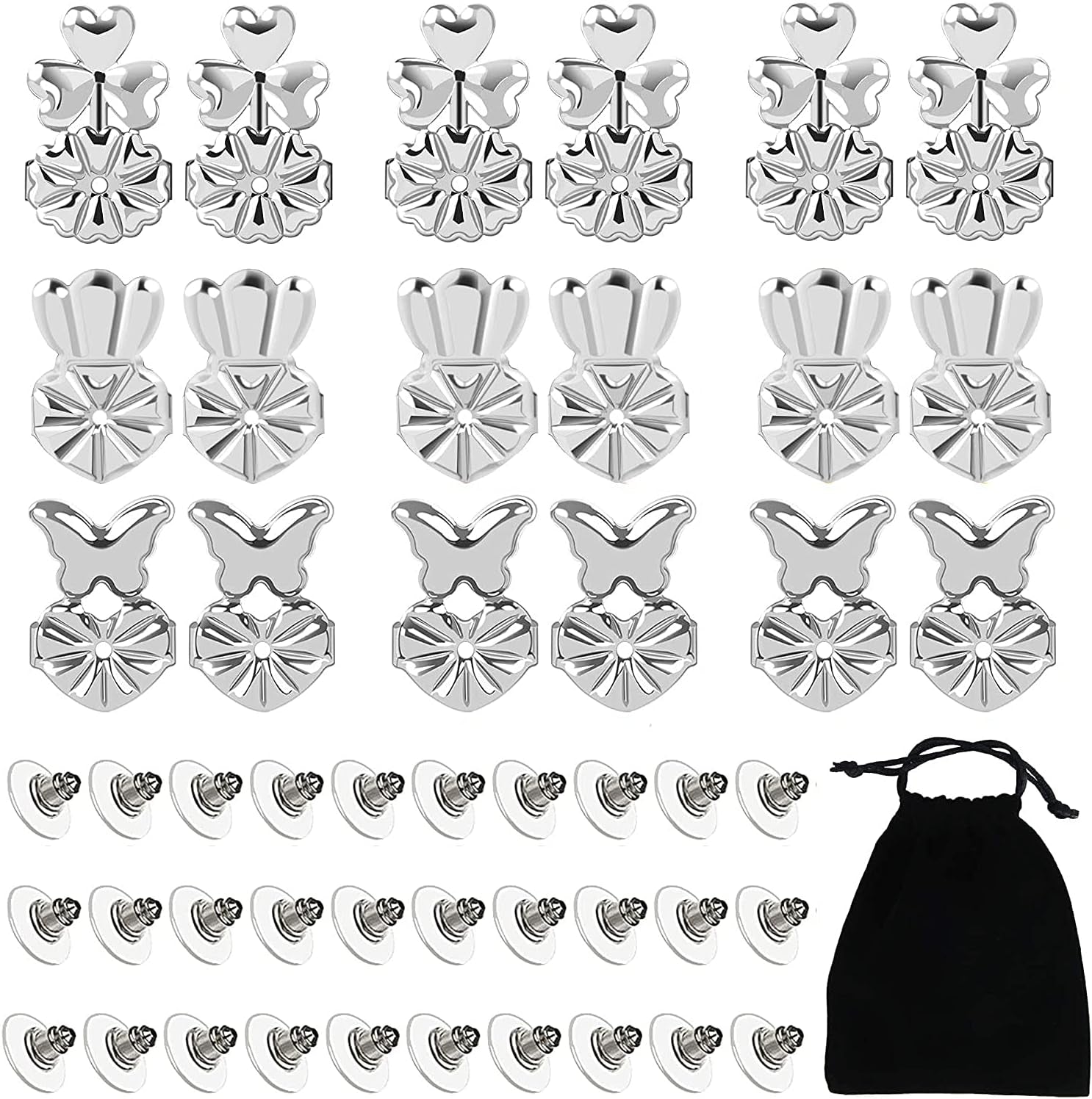 9 Pairs Earring Lifters with 30 Pieces Bullet Clutch Earring Backs, Earring Backs for Droopy Ears, Adjustable Hypoallergenic Sliver Safety Magic Earring Backs for Heavy Drooping Earring