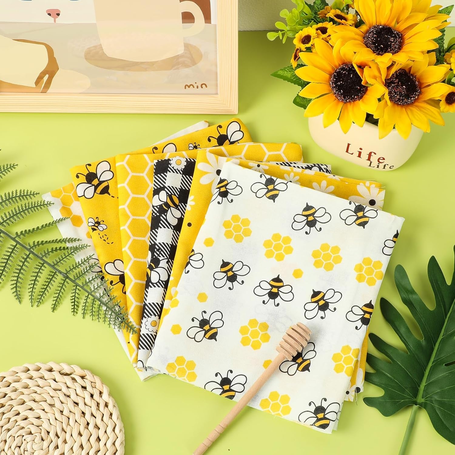 6Pcs Summer Cotton Fabric Bundles Bee Daisy Honeycomb Plaid Fat Quarters Bee Theme Quilting Patchwork Squares for DIY Handmade Craft Decor, 18 X 22 Inch