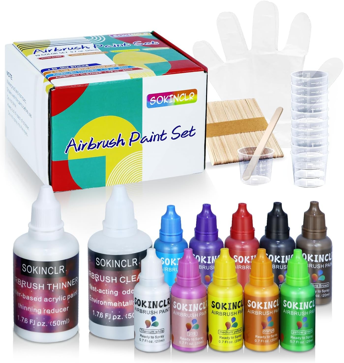 Airbrush Paint - Perfect for Artists and Beginners - Complete Water-Based Air Brush Painting Set with Thinner, Cleaner, Mixing Cups, Mixing Sticks, Gloves