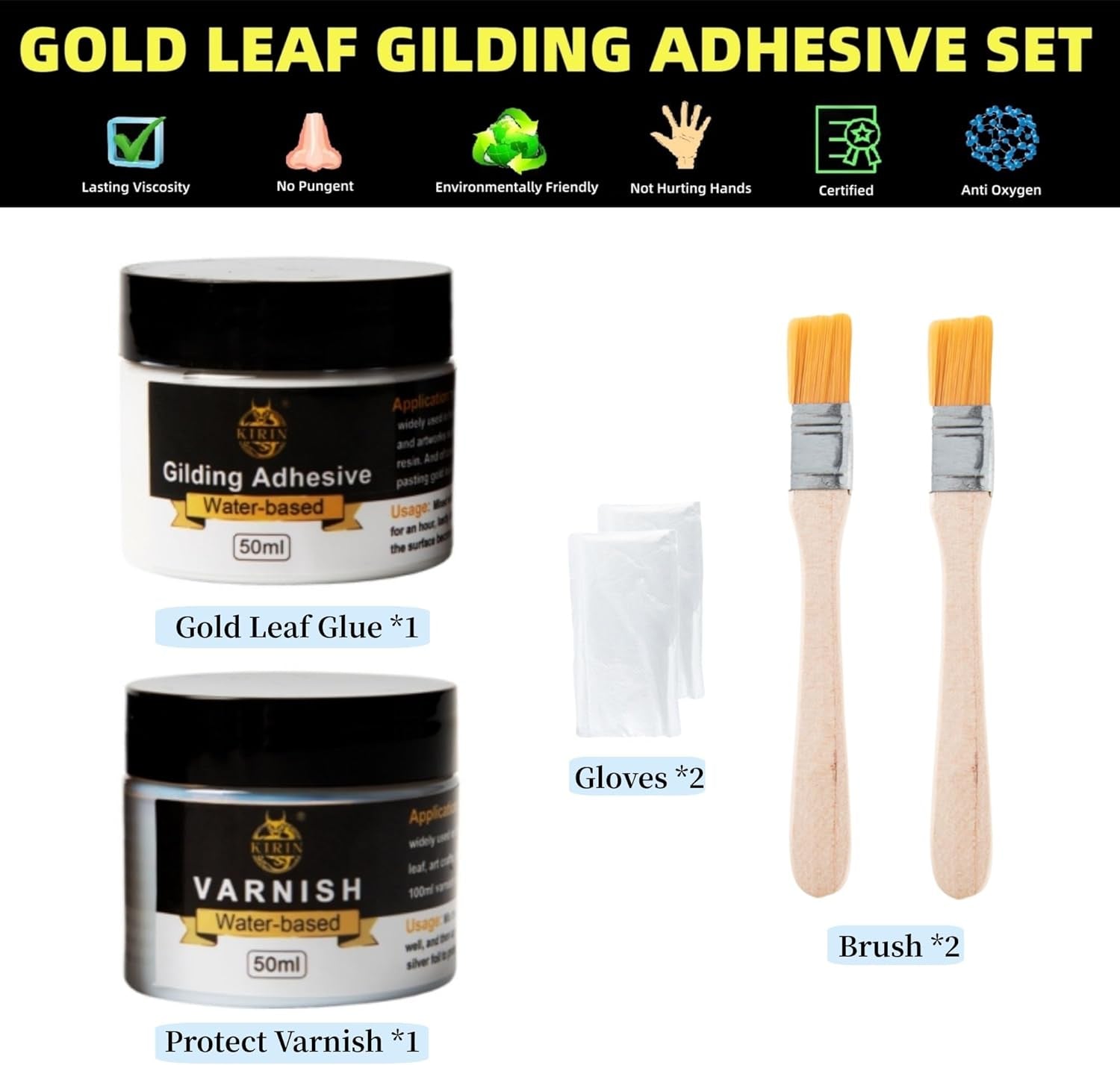 Gilding Adhesive, 100Ml Epoxy Resin Gold Leaf Adhesive for Professional Craft Use, Water Based Varnish for Protect the Surface of Gold Foil from Oxidating (Brush + Gloves as Gifts)