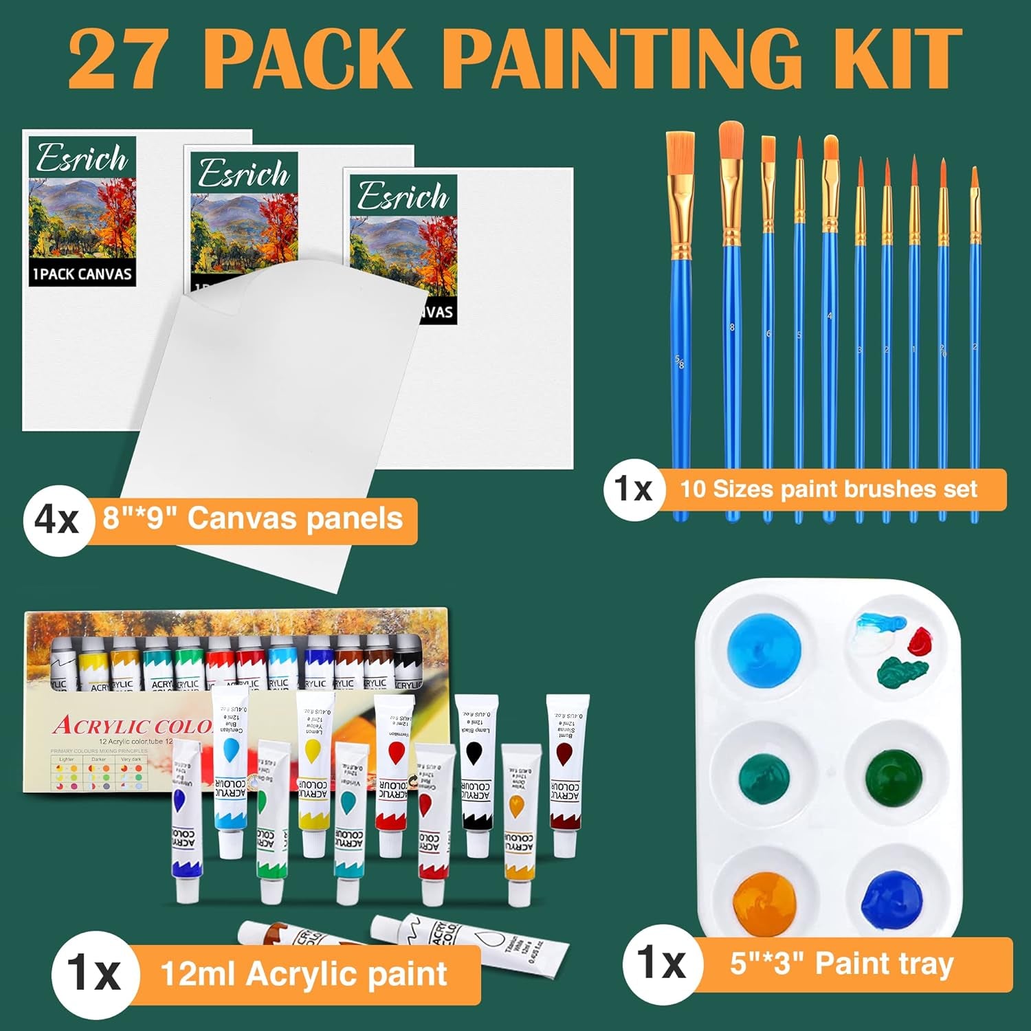 Acrylic Painting Set with 1 Packs / 10 PCS Nylon Hair Brushes 12 Color Tubes (12Ml, 0.4 Oz) 1 PCS Paint Plate and 4 PCS Canvas for Acrylic Painting Artist Professional Kits