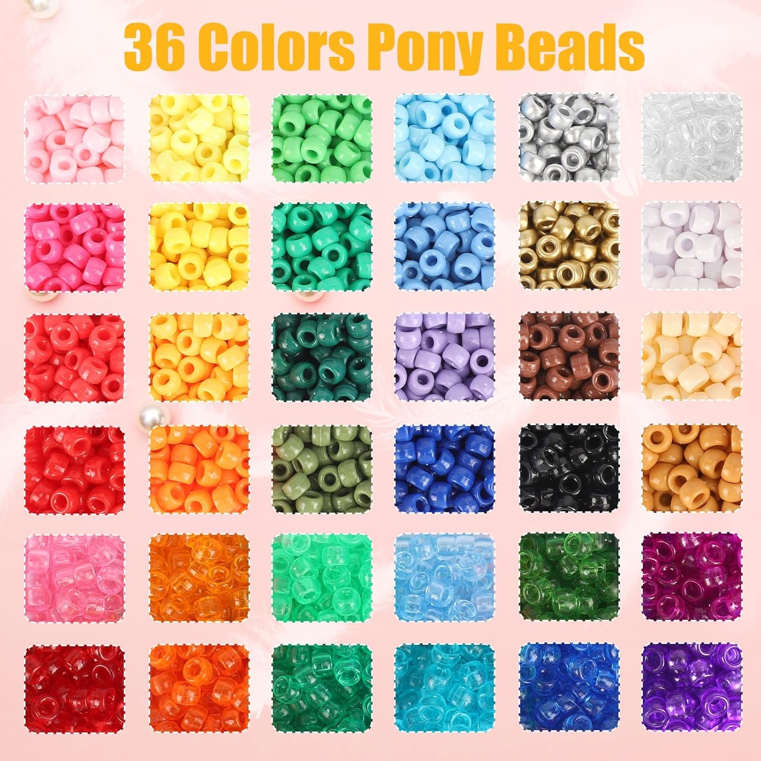 3510Pcs 36 Colors, Hair Pony Beads Bulk with Letter Bead, 9Mm Rainbow DIY Kandi Beads Kit for Jewelry Making Bracelets Pearl Transparent and Opaque Pendants
