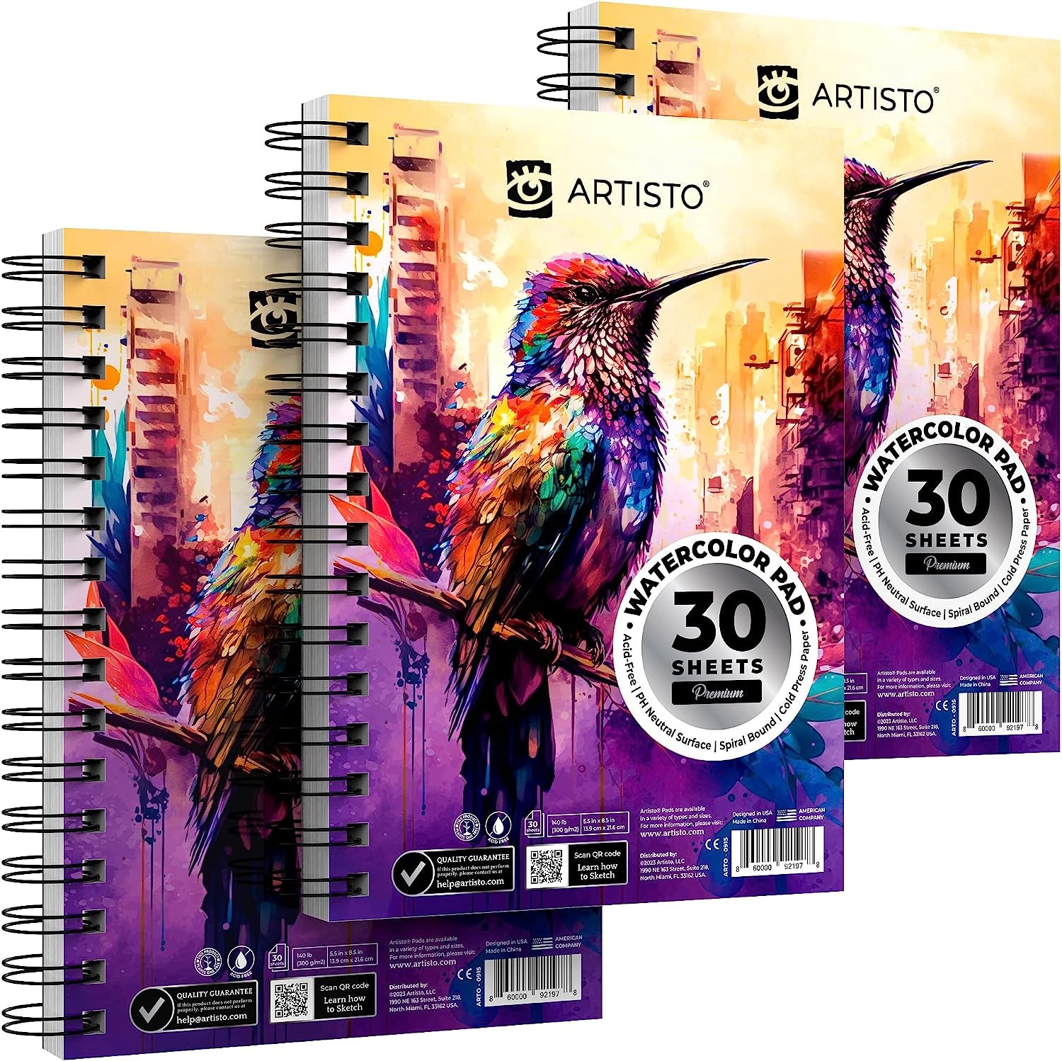 Watercolor Pads 5.5X8.5”, Pack of 3 (90 Sheets), Spiral Bound, Acid-Free Paper, 140Lb (300Gsm), Perfect for Most Wet & Dry Media, Ideal for Beginners, Artists & Professionals
