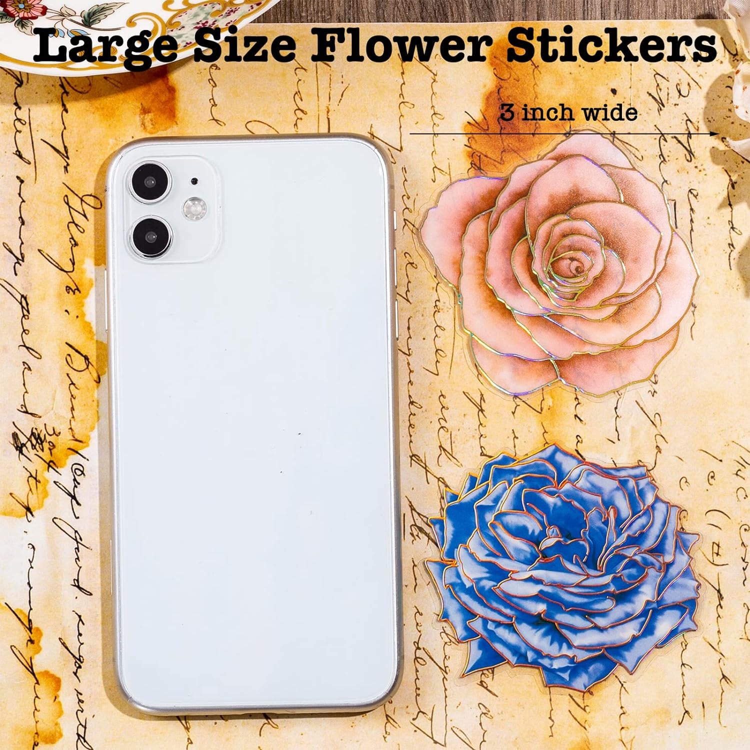 80 Pieces Large Size Flower Stickers with Gold Holographic Outlines, Glitter Shiny Floral Waterproof Decorative Decals for Scrapbooking Supplies Junk Journal Bullet Journals Planners