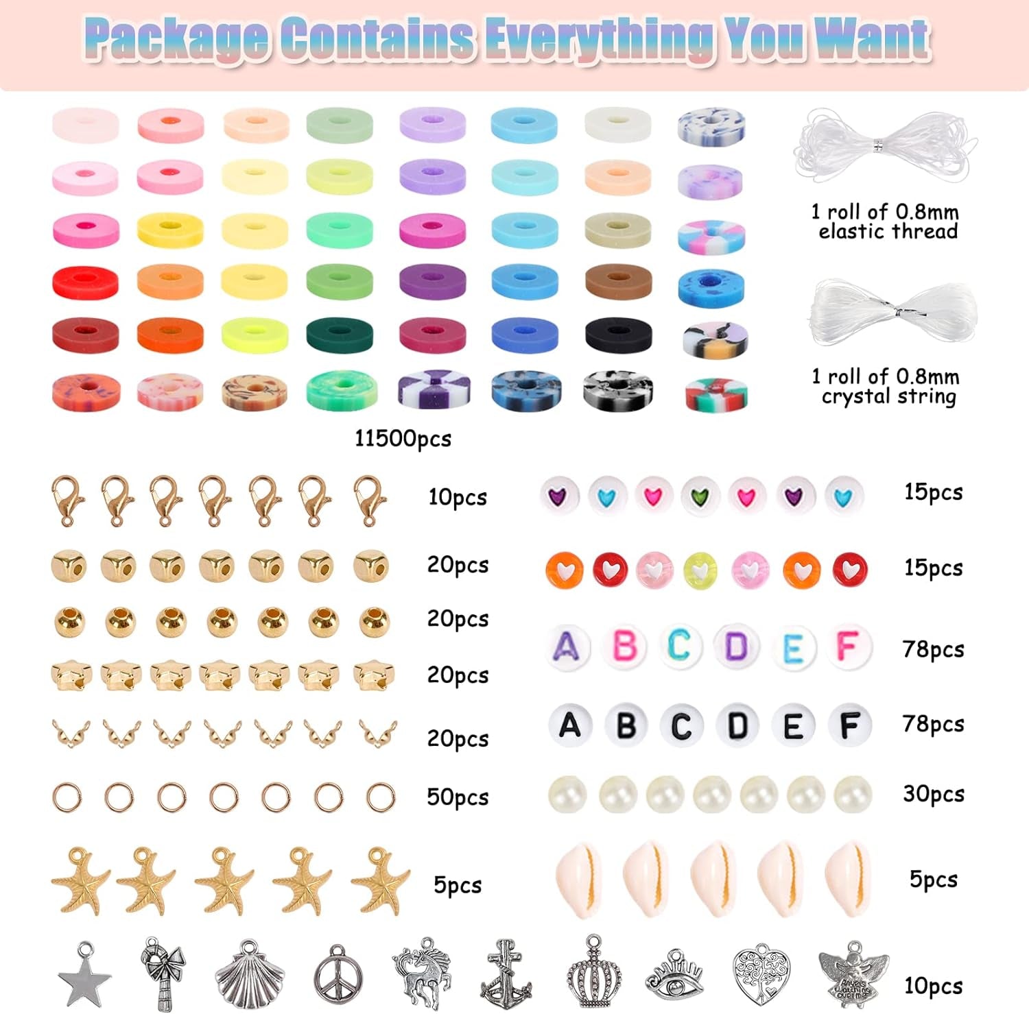 12000Pcs, 115 Colors Clay Beads for Bracelets Making Kit Polymer Heishi Flat Beads Beads with Letter Beads for DIY Jewelry Marking Bracelets Necklace, 6Mm