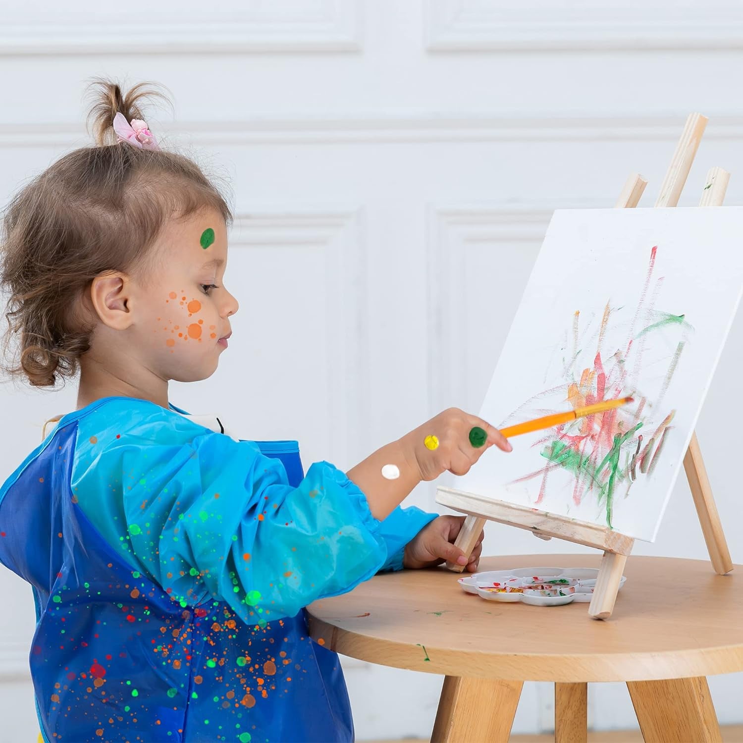 48 Pieces Art Painting Supplies for Toddlers and Kids with 12 Paint Brushes, 10 Painting Canvas, 2 Tabletop Easels, 2 Art Smocks, 18 Acrylic Painting Colors, Paint Palettes, Presents for Kids