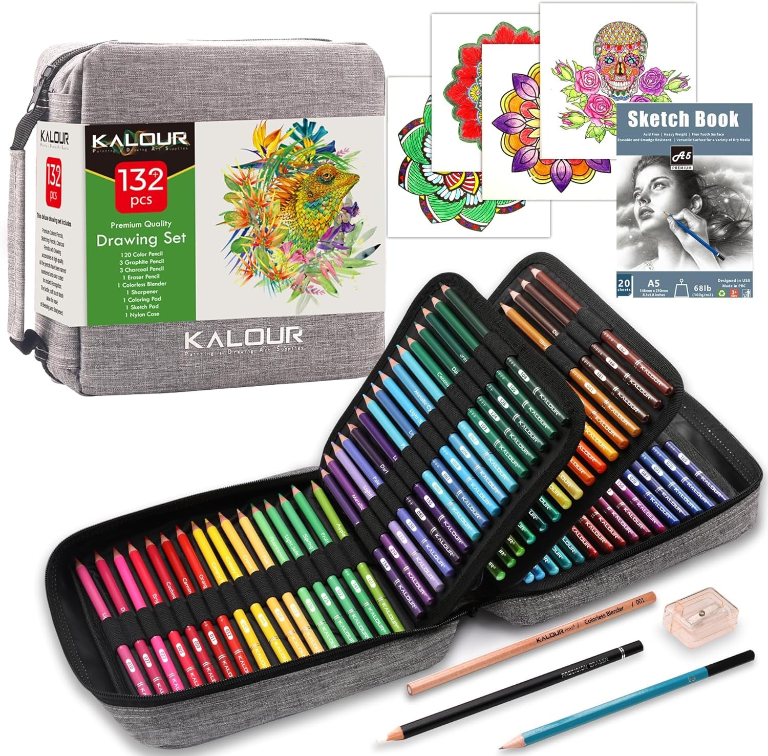 132 Colored Pencils Set,With Adult Coloring Book and Sketch Book,Artists Colorless Blender,Zipper Travel Case,Soft Core,Ideal for Drawing Sketching Shading,Art Supplies for Beginners Kids