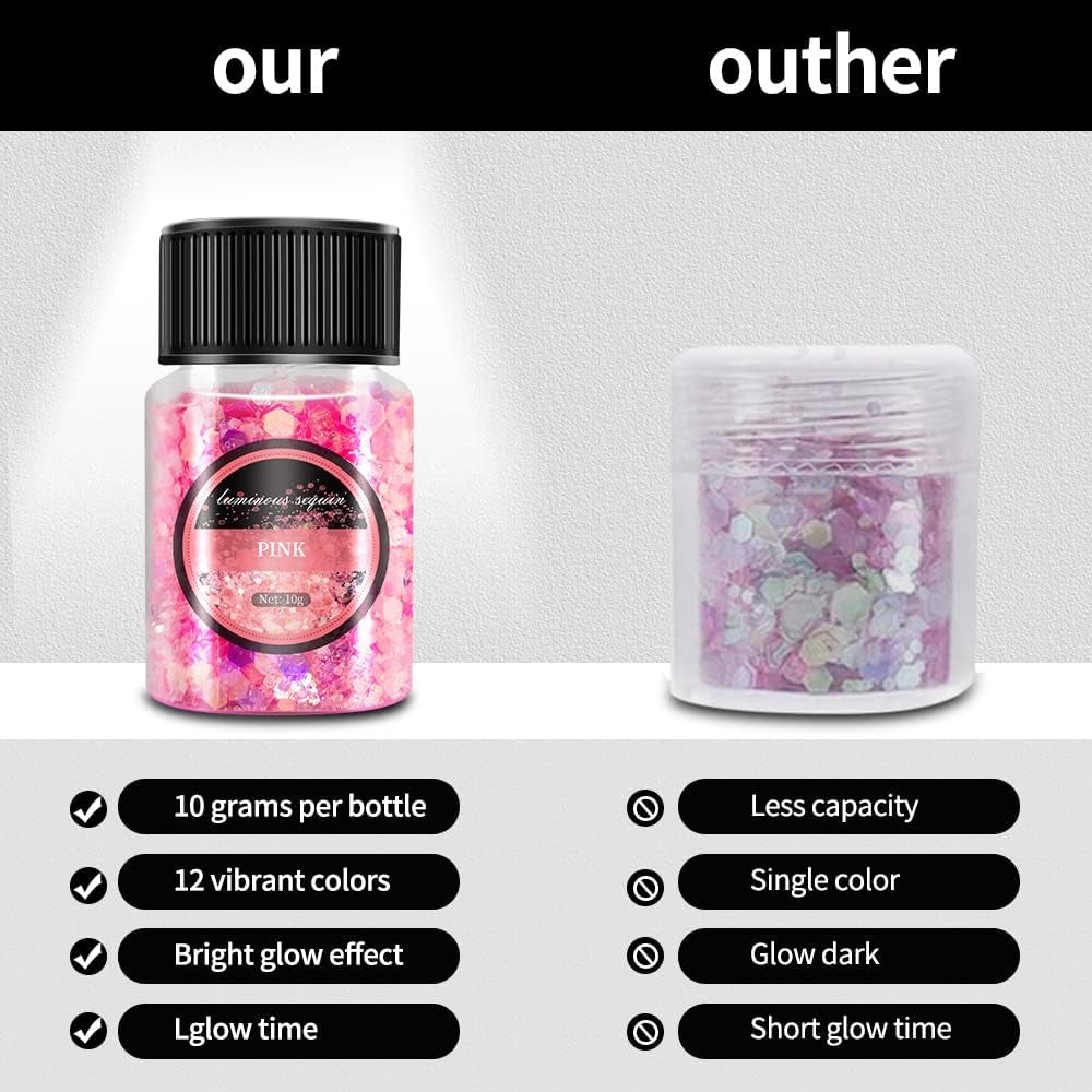Glow in the Dark Glitter 15 Jar - 12 Colors Glow Glitter and 3 Colors Gold Foil Flakes, High Luminous Glitter for Resin Crafts, Cosmetic, Nail, Glowing Dye for DIY