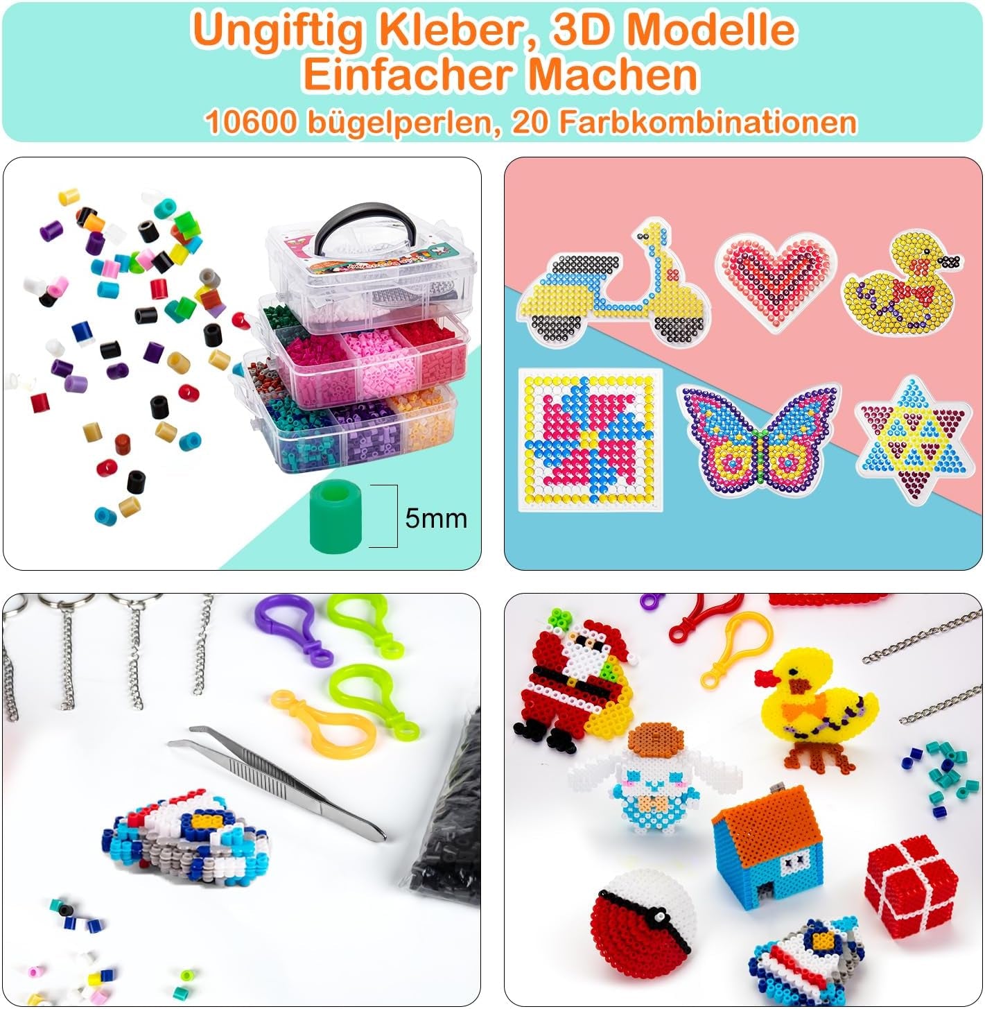 Sundymot Fuse Beads Kit - 10600 5Mm Beads Craft Set with Storage Box, Pegboard, Iron-On Paper and Other Accessories. Creative DIY for Boys and Girls, Ideal Christmas and Birthday Gifts