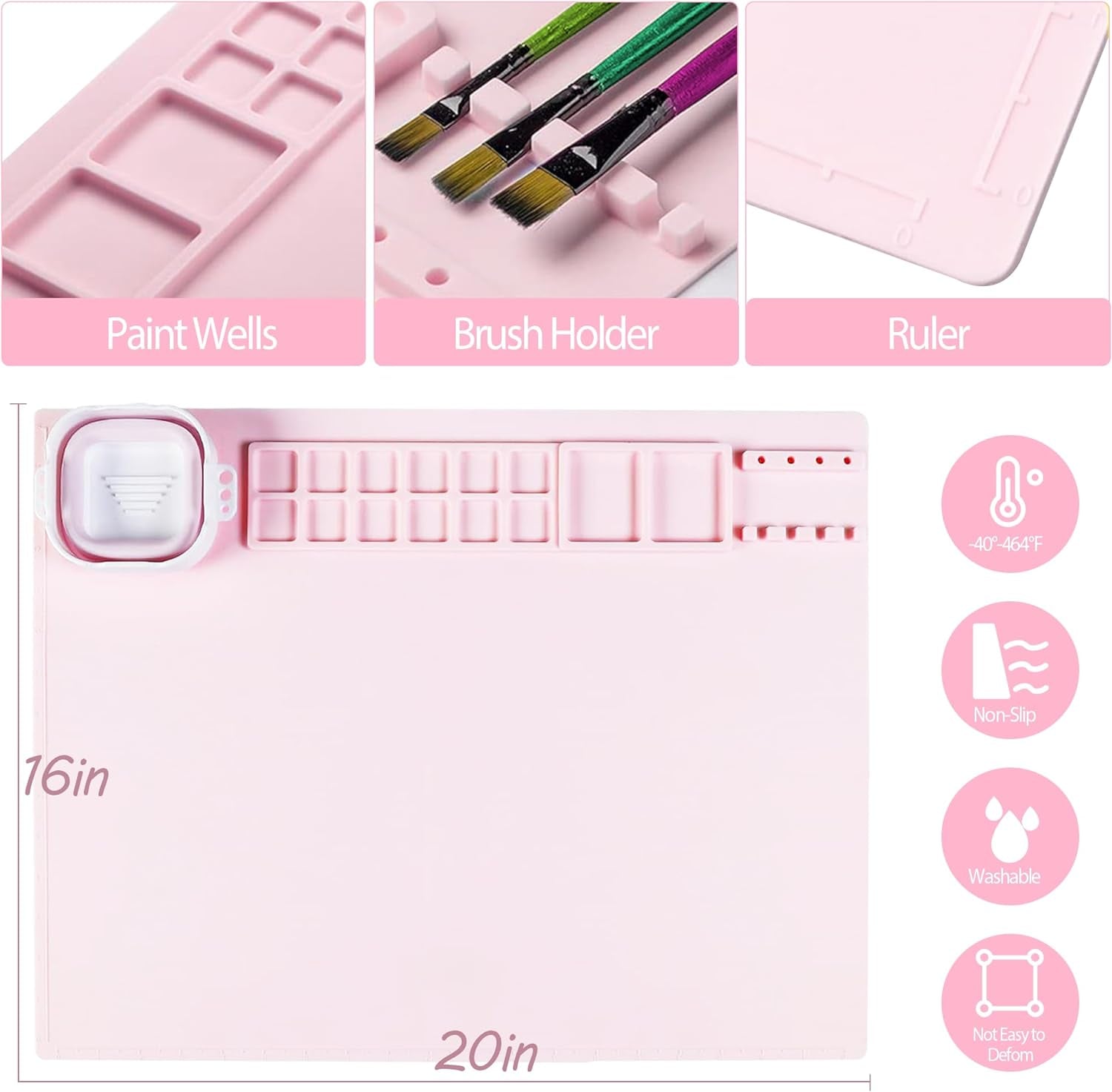 Silicone Painting Mat, 20"X16"Silicone Art Mat for Kidswith 1 Water Cup ，Craft Paint Brush Cleaner Tool，Diy, Clay, Play Doh（Pink）…