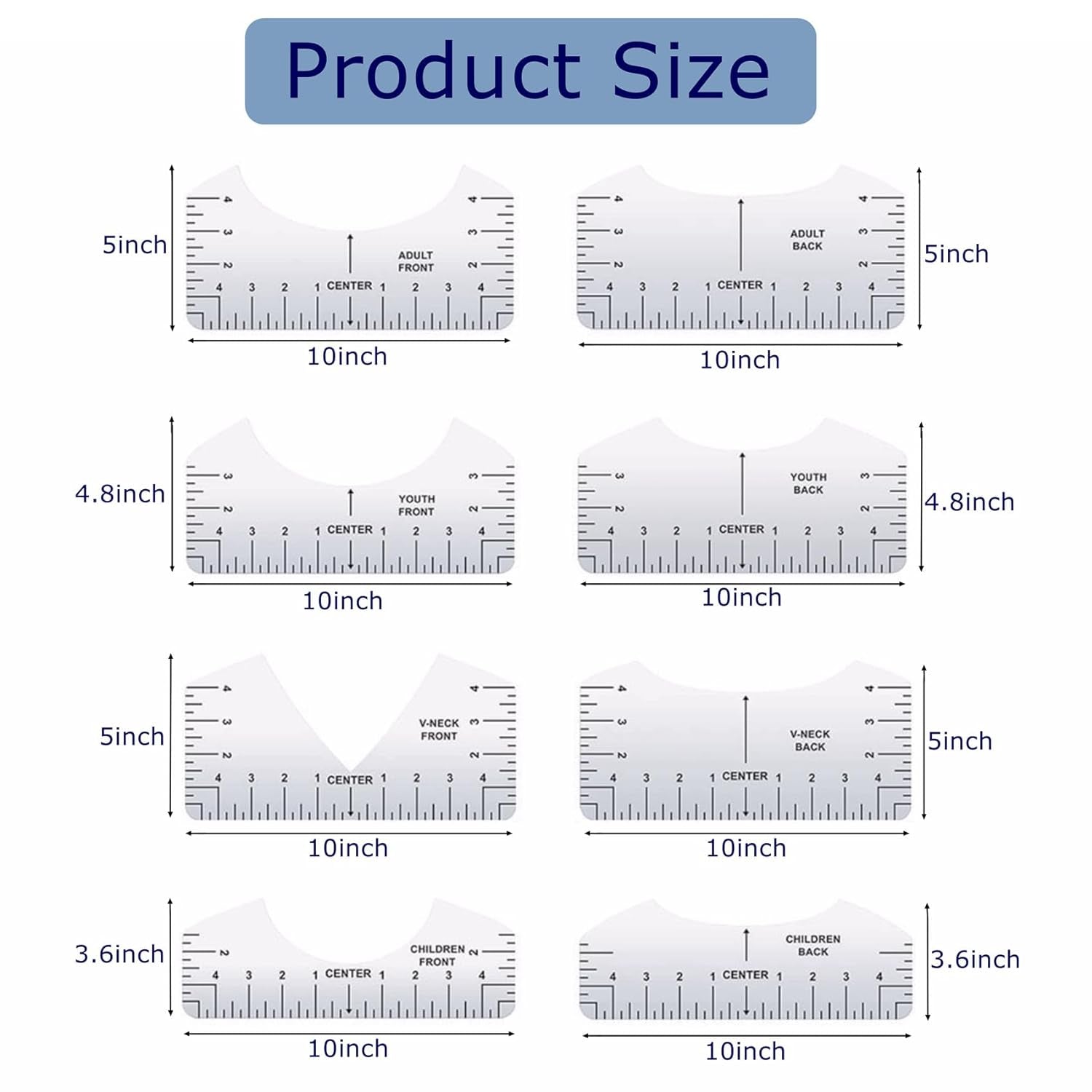 9Pcs Tshirt Ruler Guide to Center Vinyl, Transparent V-Neck/Round PVC Ruler for Alignment, Heat Press, Children Youth Adult