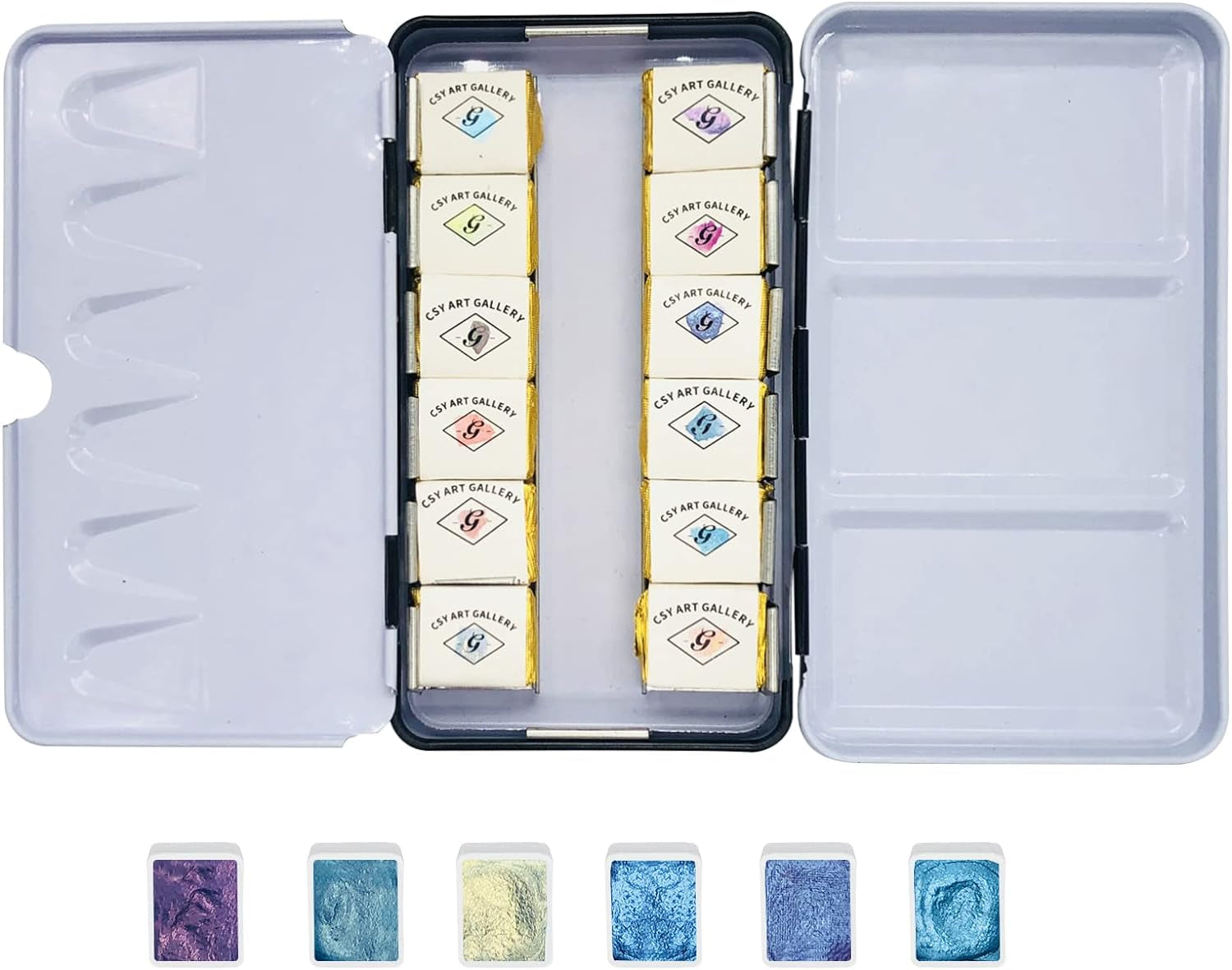 Metallic Watercolour Paints Handmade Glitter Shimmering Double Color Watercolour Solid Paint Include 12 Colors Water Colour in Portable Tin Box for Artists, Professionals