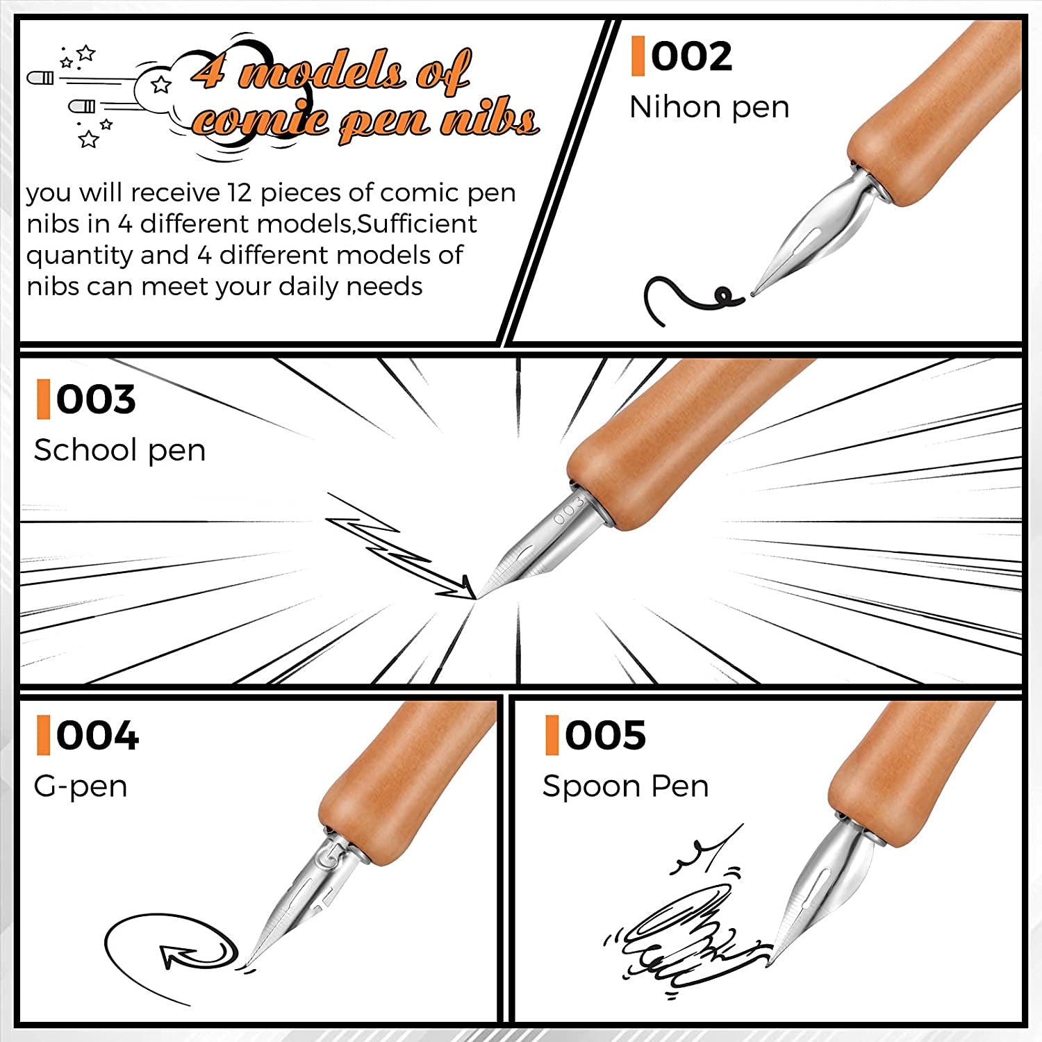 14 Pieces Dip Pen Nibs Holders with Comic Pen Nib Set Calligraphy Wooden Drawing Pen Holder with Stainless Steel Pen Nib for Writing Painting Signing Present