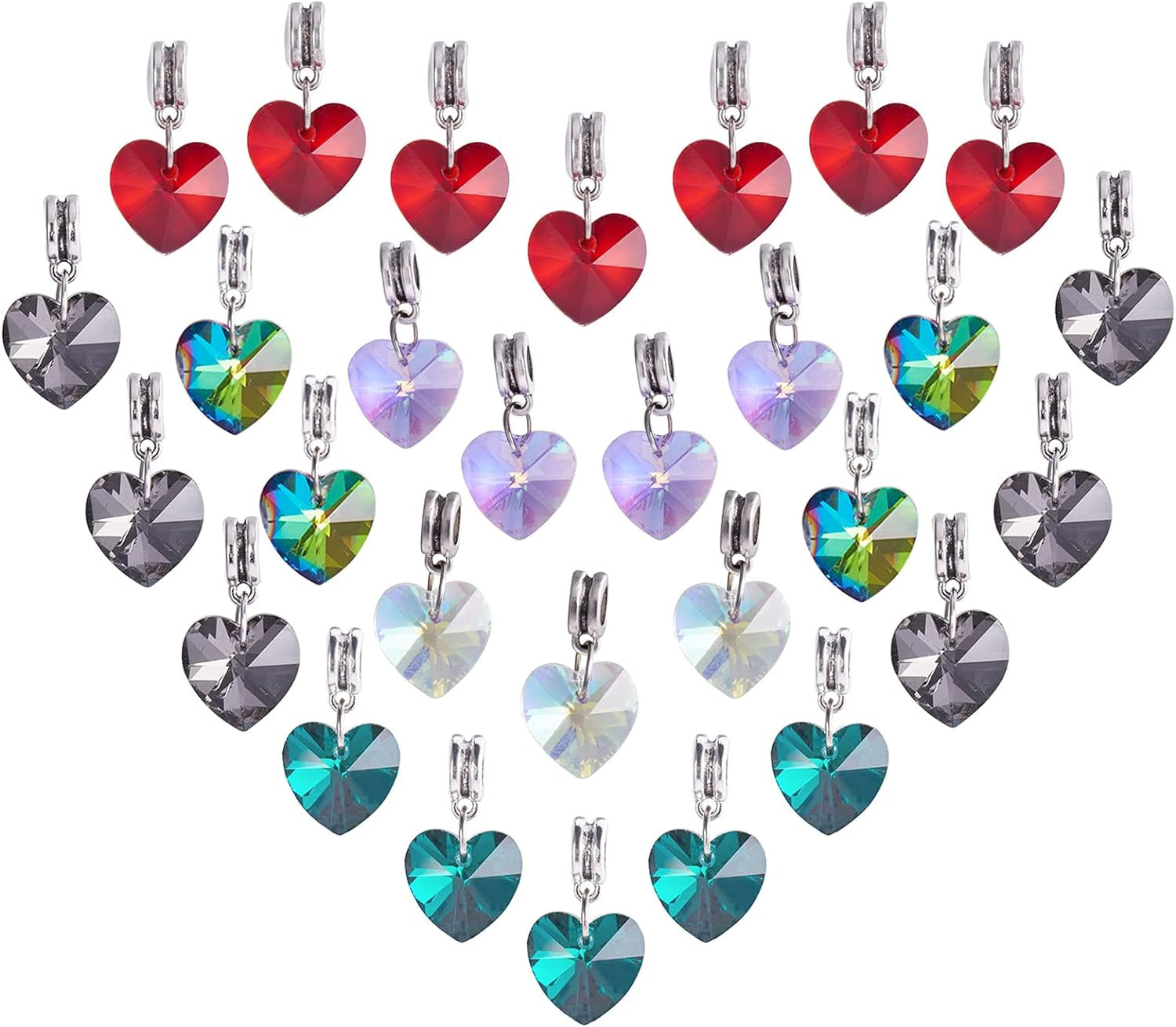 6 Colors Heart Glass Charms 30Pcs Faceted Heart Pendants Valentine Charms Crystal Dangle Charms with Bail Hanger Large Hole Beads for Wedding Mother Necklace Bracelets Making, Hole: 5Mm