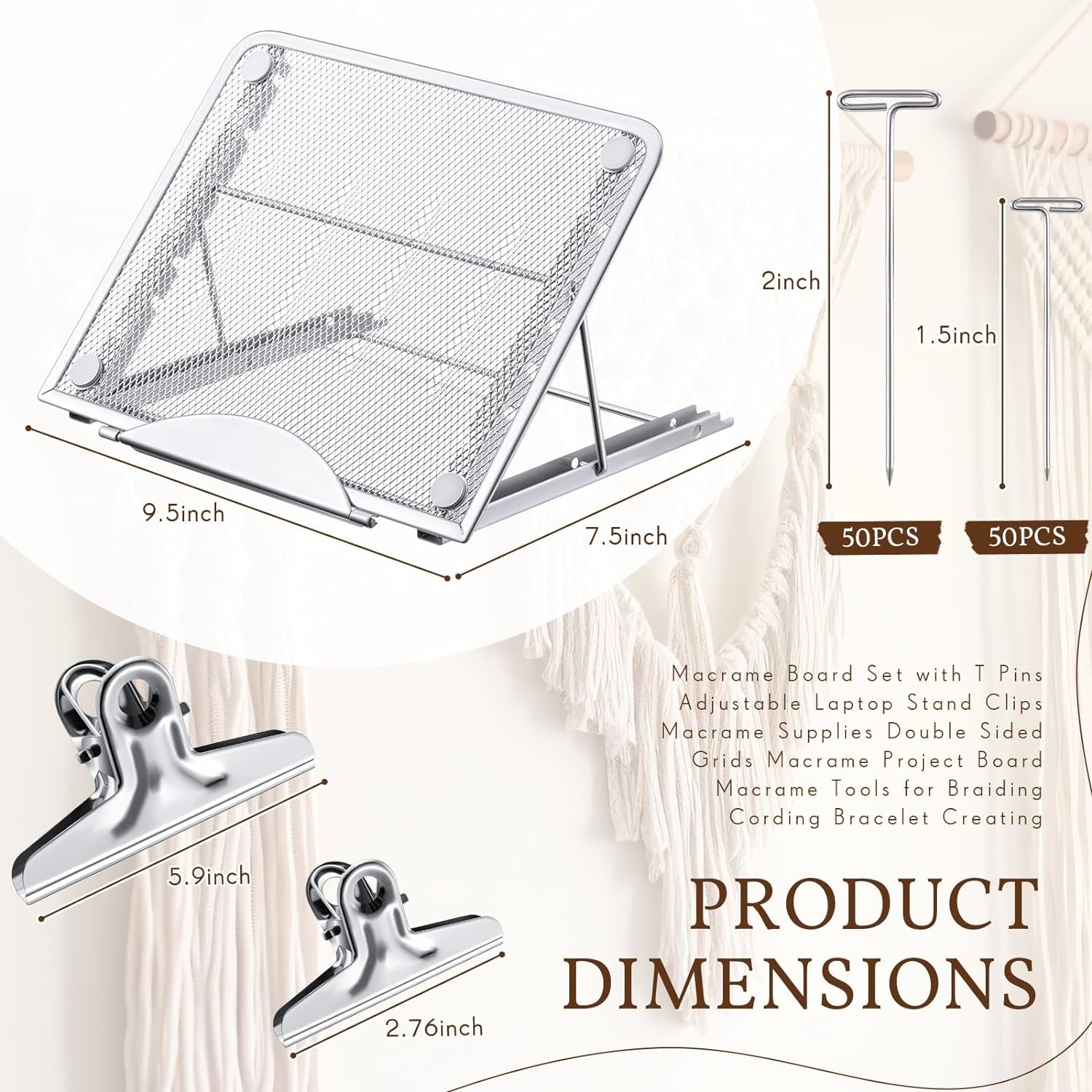 104 Pcs 12X16 Inch Macrame Board and Metal Adjustable Holder with T Pins Clips Macrame Supplies Double Sided Grids Macrame Project Board Macrame Tools for Braiding Cording Bracelet Creating