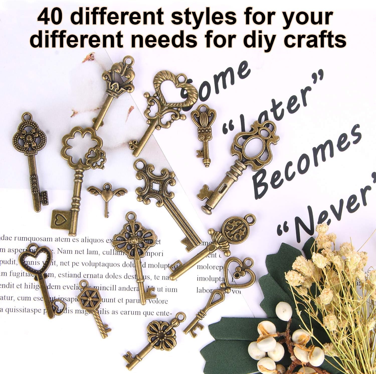Set of 40 Flying Keys Charms, 40PCS Dragonfly Wings 40 DIY Vintage Skeleton Key and Elastic Crystal String for Wedding Party Decorations