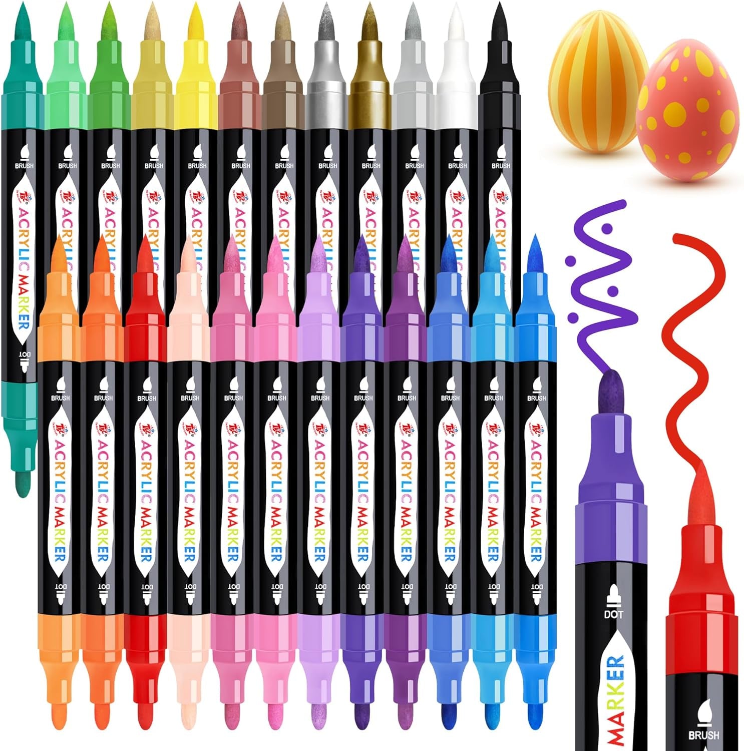 24 Colors Dual Tip Acrylic Paint Markers,Waterproof, Non-Toxic, Odorless, Suitable for Paper, Pottery, Stones, Backpacks, Glass