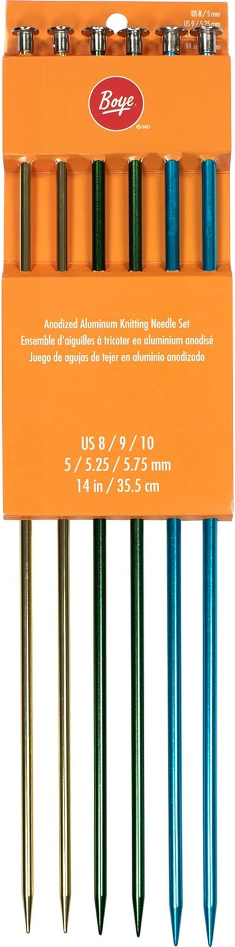 Anodized Aluminum Straight Knitting Needle Set, US Sizes 8, 9, 10, Multicolor