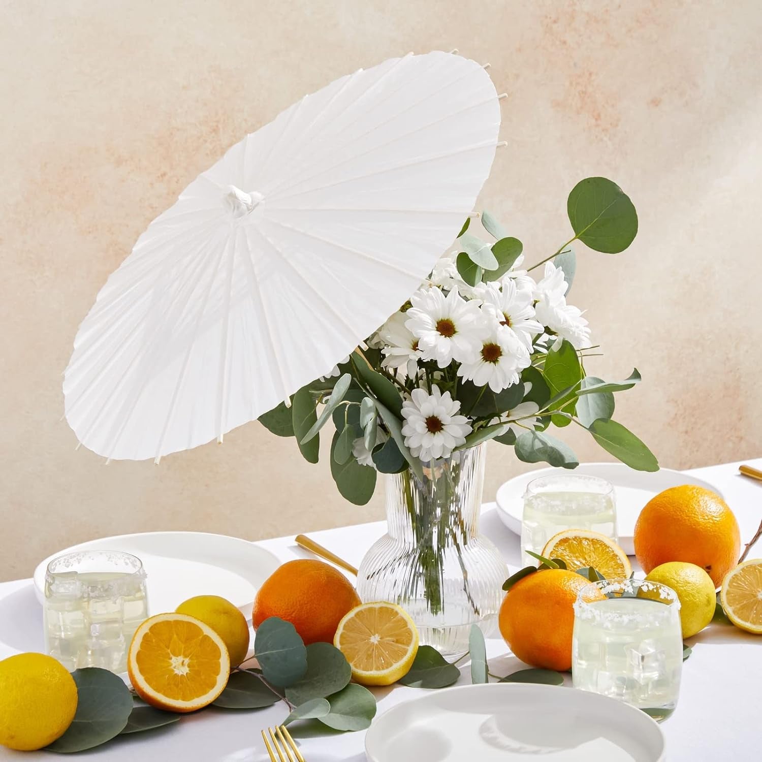 6-Pack Parasol Paper Umbrellas for Decorations for Kids, Cocktail Party Decor, DIY, Arts and Crafts Projects, Sun Parasols for Plants, Photo Props (Small, White, 16 In)