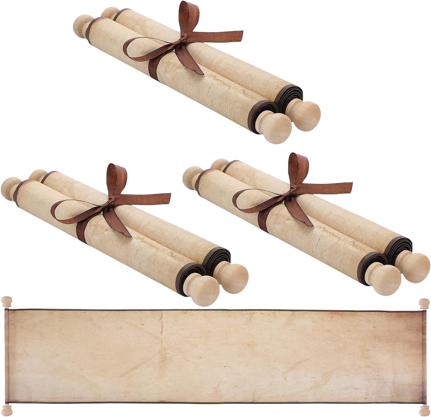 3 Pcs Vintage Blank Paper Scroll 7.28 X 30-32 Inches on Wood Rods Long Aged Scroll Paper Quick Drop Blank Scroll for Writing Drawing, Handwritten Calligraphy