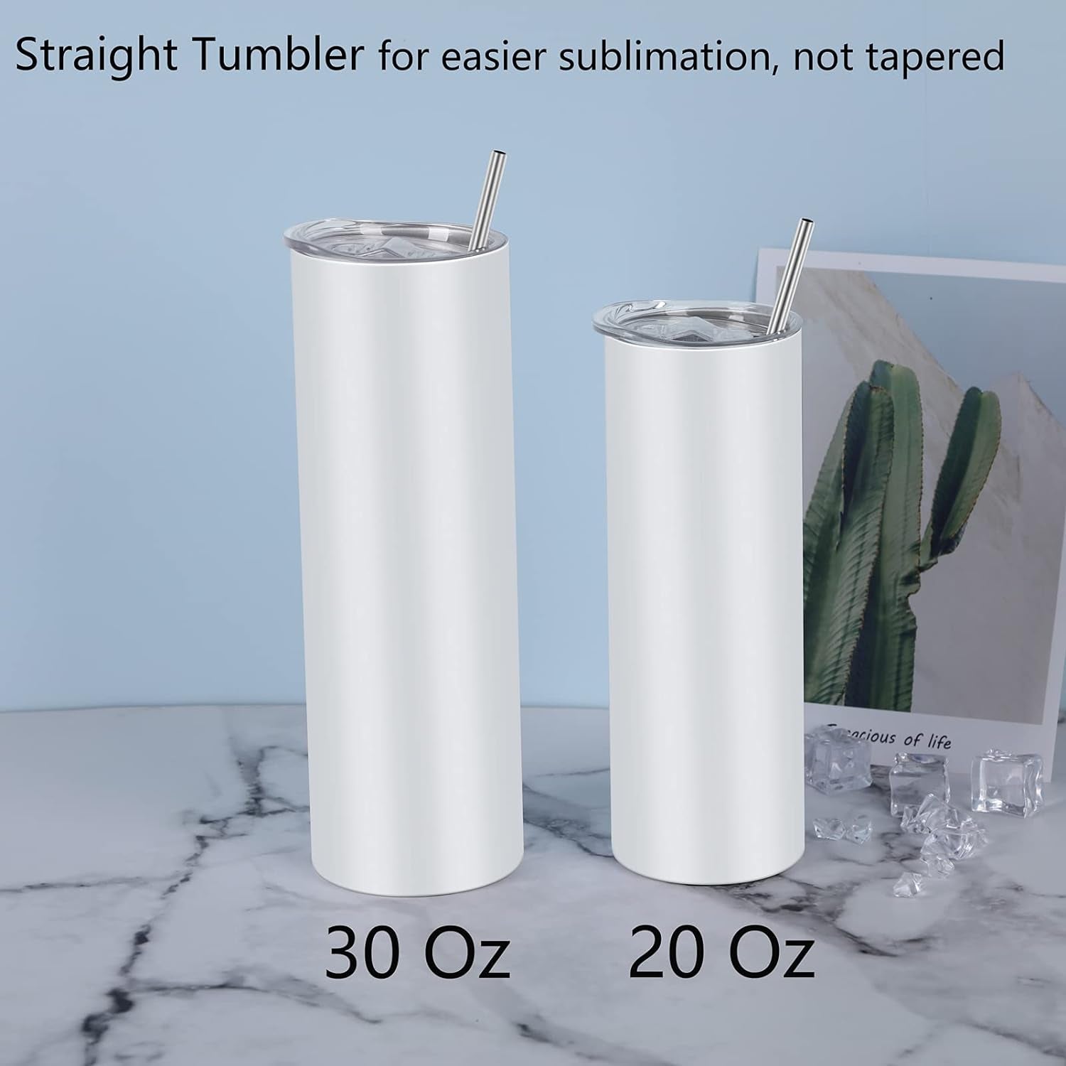 8 Pack Straight Sublimation Tumblers Set 20 Oz Skinny, Stainless Steel Skinny Sublimation Tumbler Blank with Shrink Wrap Film Lid Straw Set,Individually Boxed, Not Tapered
