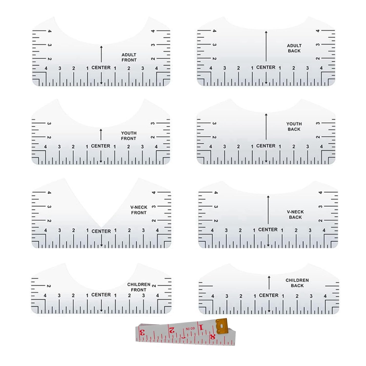 9Pcs Tshirt Ruler Guide to Center Vinyl, Transparent V-Neck/Round PVC Ruler for Alignment, Heat Press, Children Youth Adult