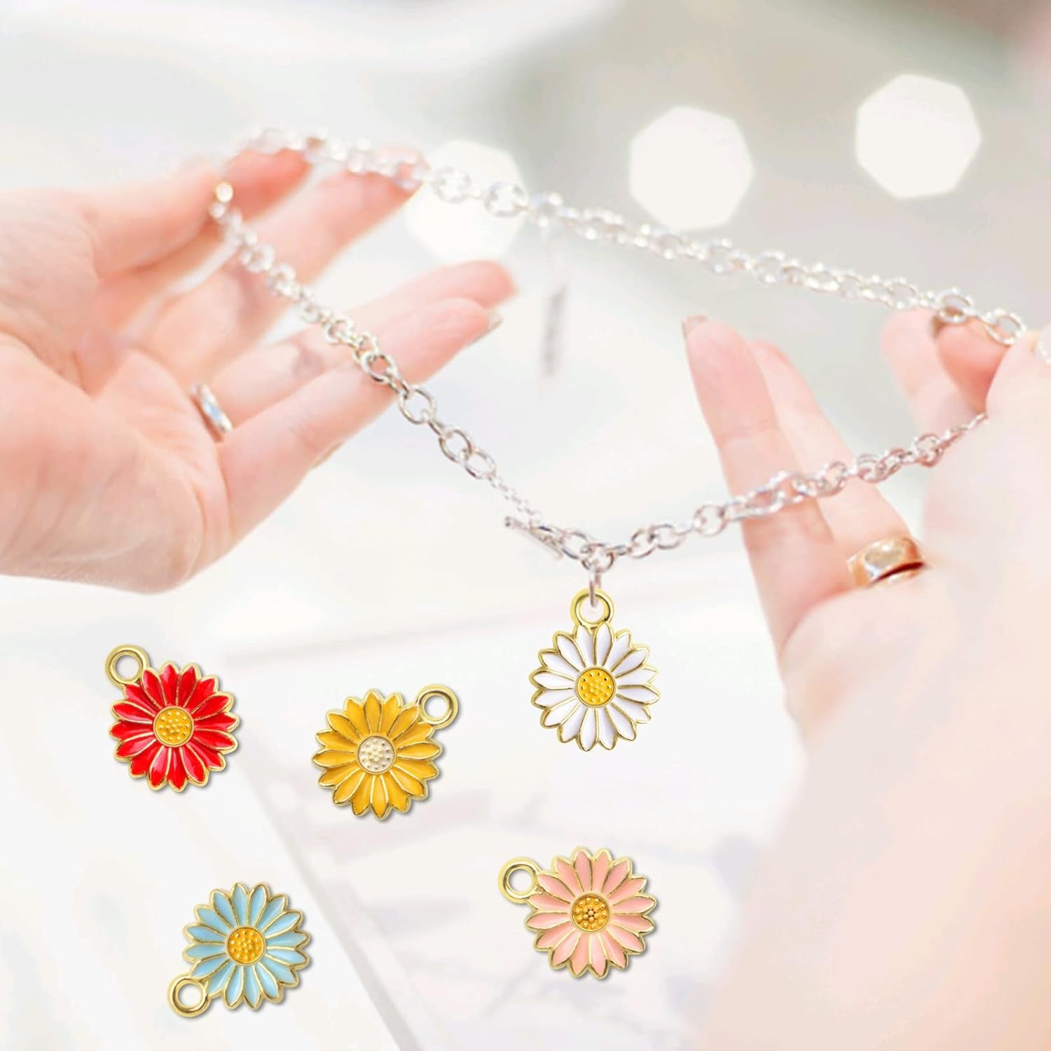 30Pcs Golden Plated Enamel Sunflower Pendant Charms Alloy Sunflower Daisy Flower Dangle Charms Craft Supplies for DIY Necklace Bracelet Earrings Jewelry Making, 5 Colors
