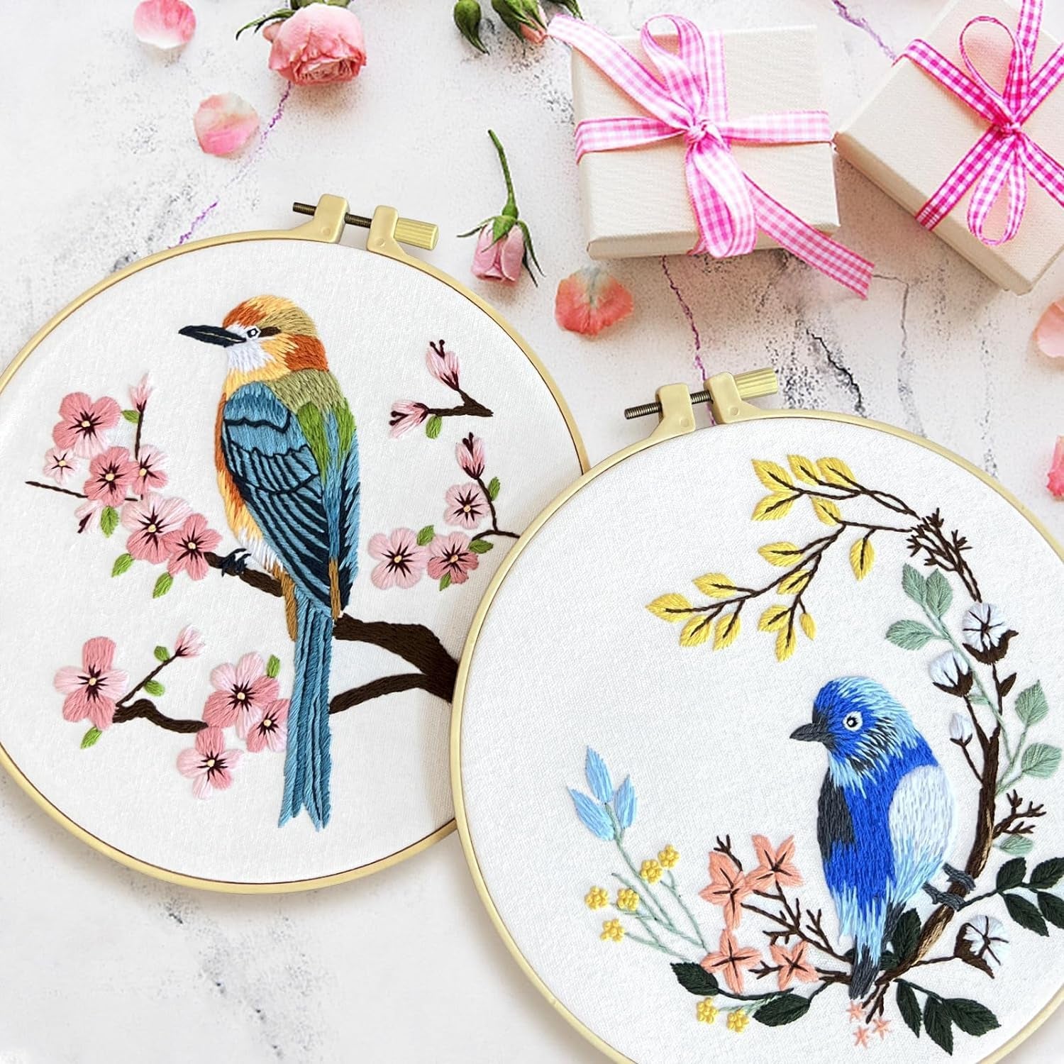 4 Sets Embroidery Kit for Beginners, Art Craft Handy Sewing Set Hummingbird and Flower Cross Stitch Starter Kits, DIY Embroidery Kits with Patterns and Instructions Hoops Needles Threads