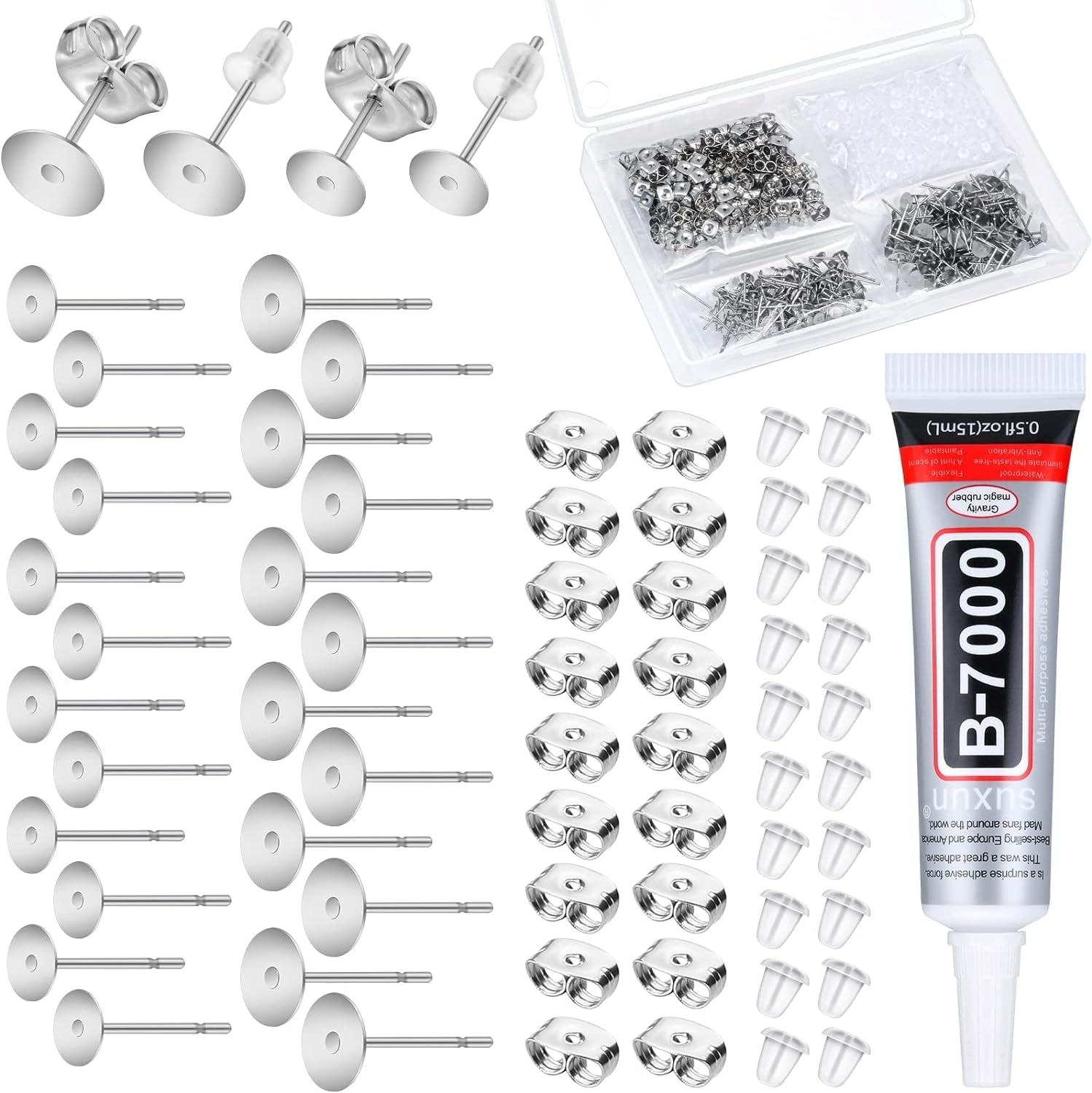 Jewelry Glue with Earring Posts for Jewelry Making, 600Pcs Stainless Steel Earring Posts and Backs Silver and Gold Earring Posts with Rubber Earring Backs for Earring Making Supplies