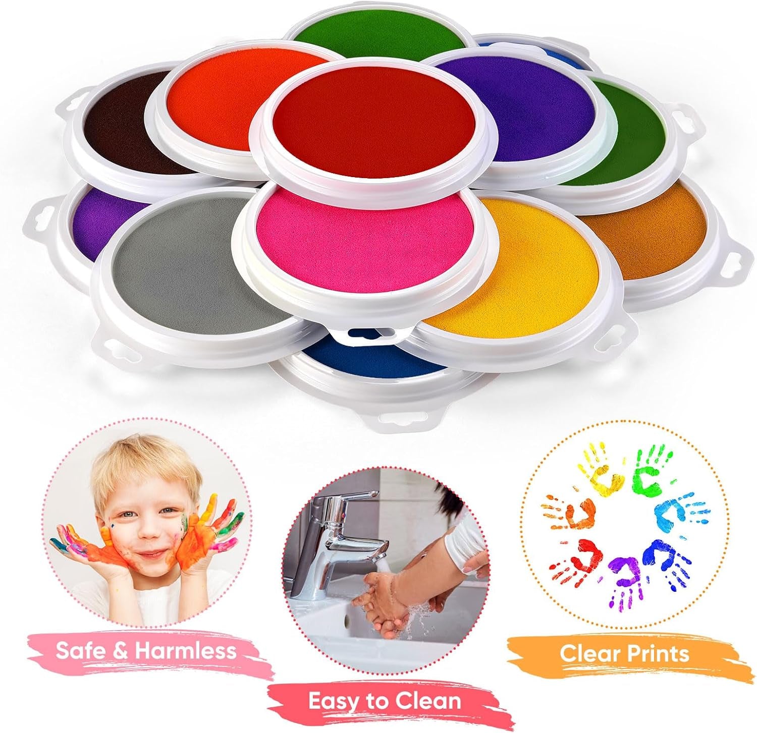 16 Pack Washable Ink Pads for Kids, 7" Large round Stamp Pads for Finger Painting Rubber Stamps