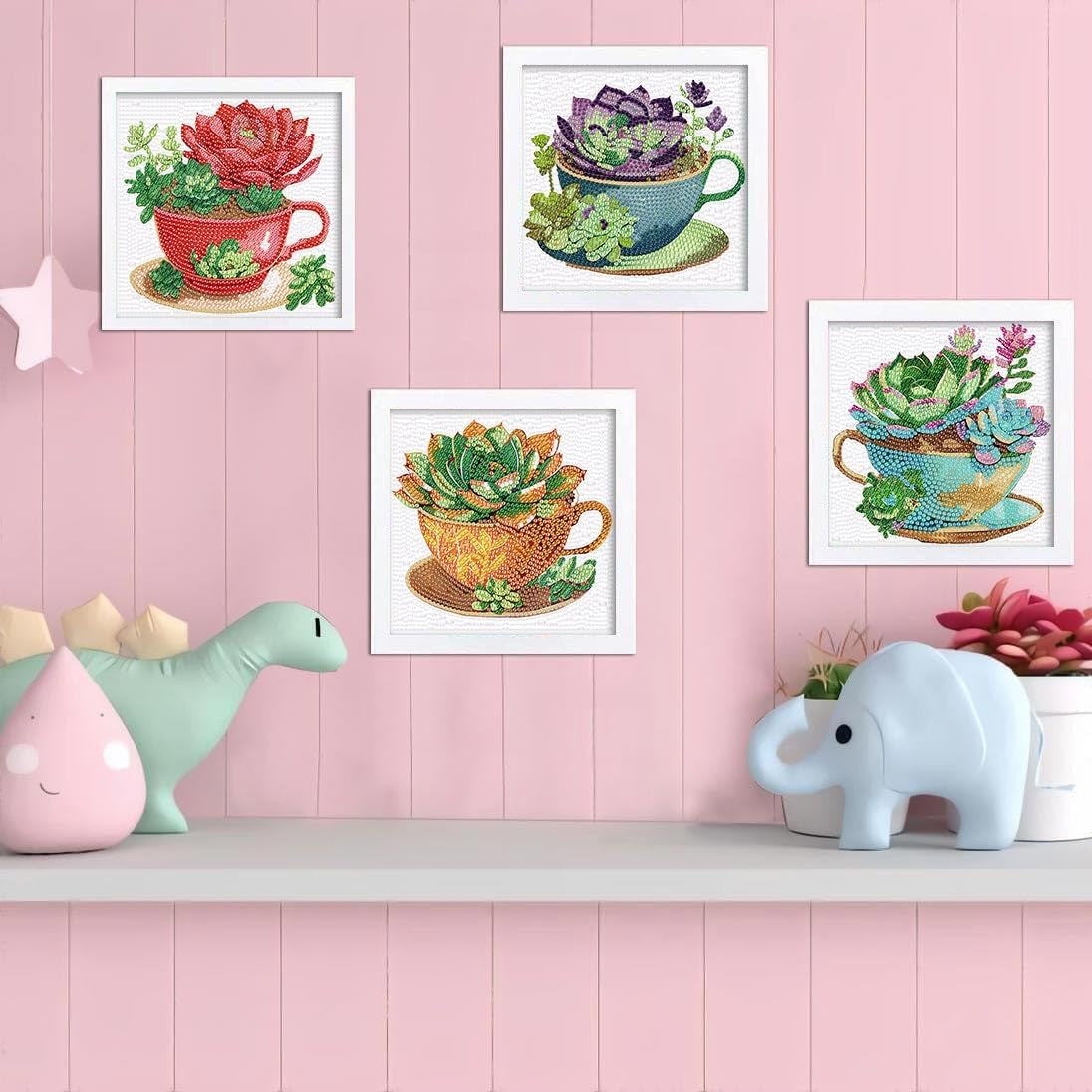 4 Pack Diamond Painting Kits,Easy Diamond Painting Kits for Beginners,5D Succulents Diamond Art Kits,Diy Plants Diamond Dots Big Gem Crafts for Home Wall Decor Gifts （6X6Inch）.