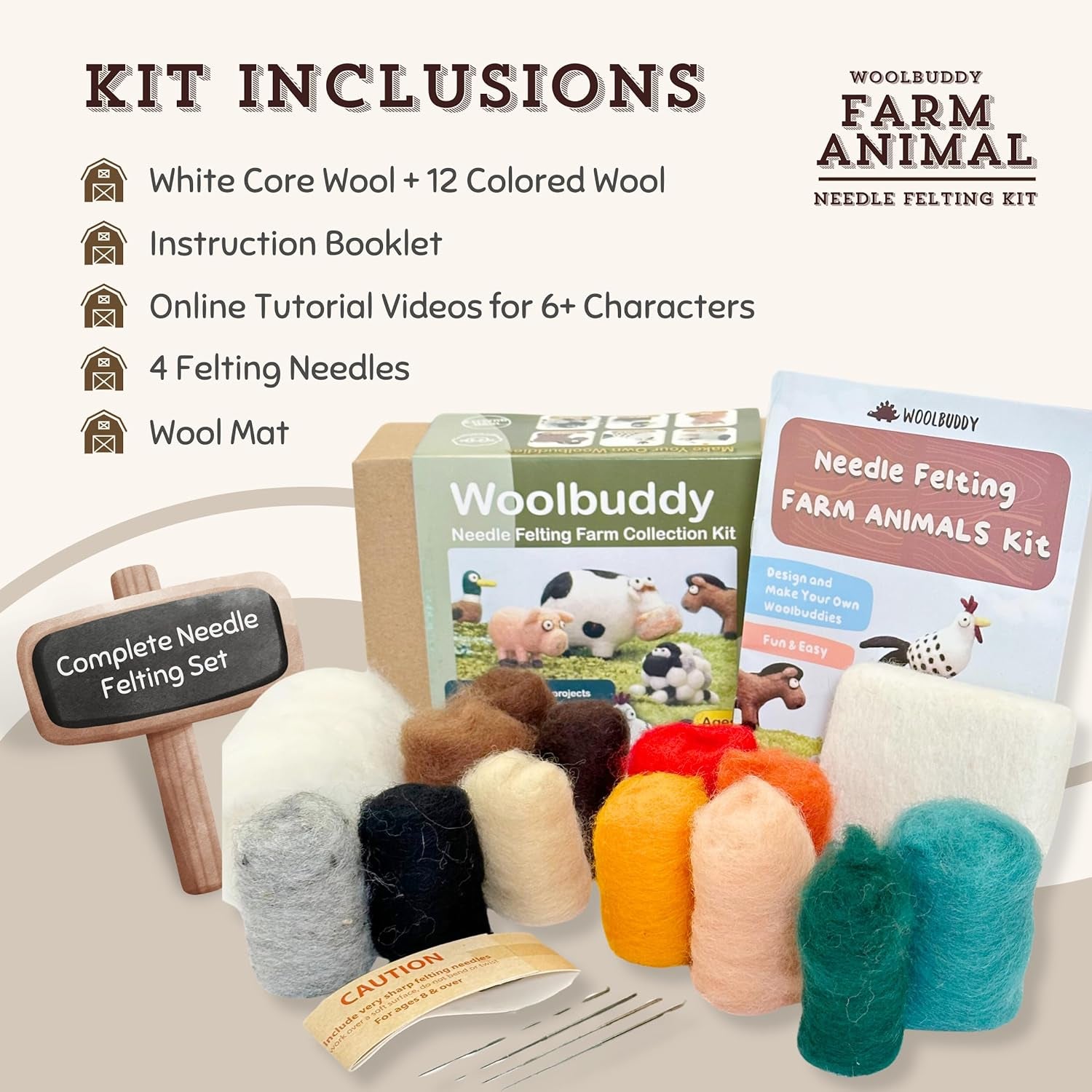 Needle Felting Kit, Farm Animals, Felting Kit for Beginners Adult, Felting Supplies Included - White Mini Felting Pad, Soft Felting Wool, 4 Felting Needles and Clear English Instructions