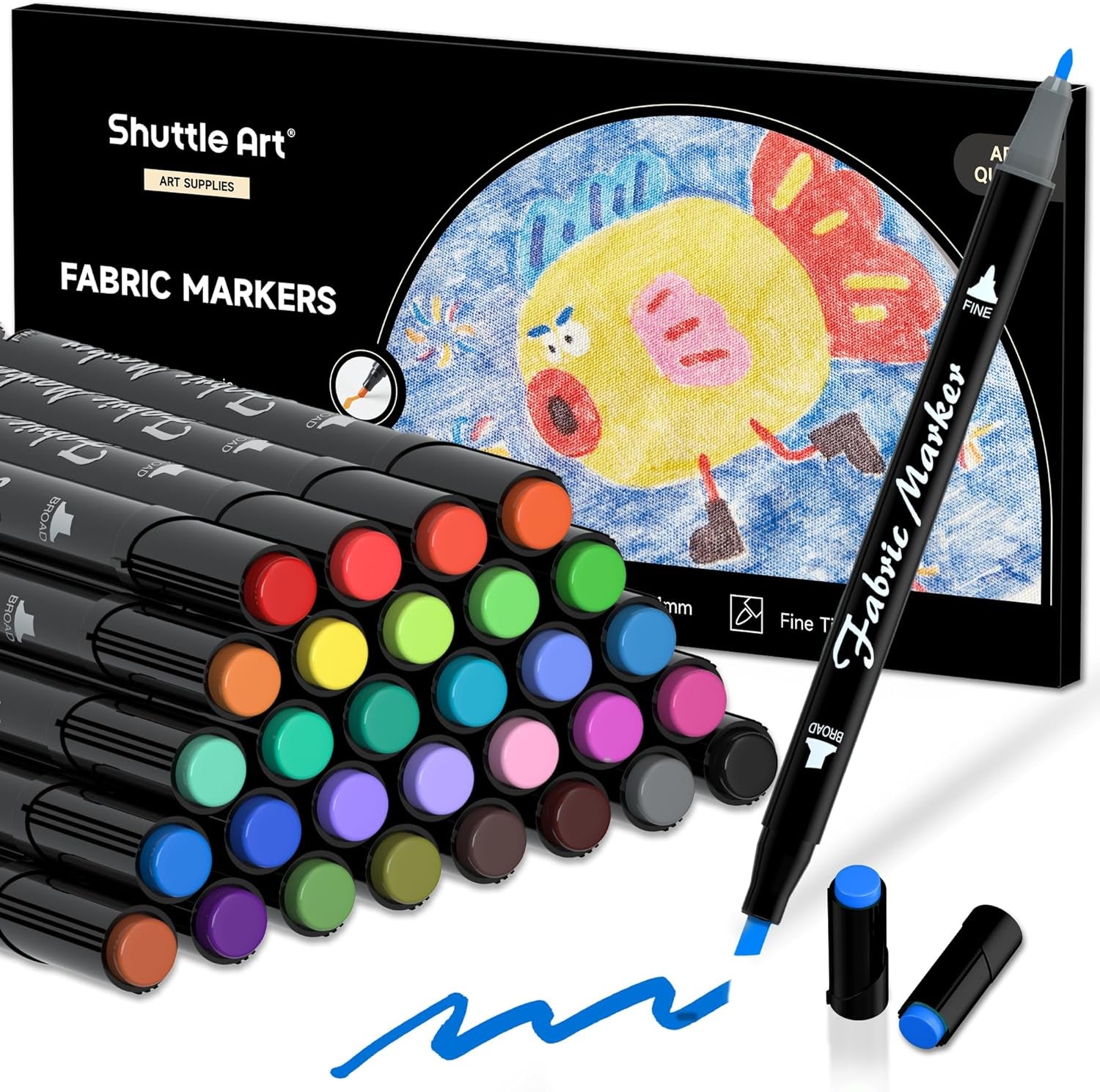 Fabric Markers Pens, 30 Colors Dual Tip Fabric Markers Permanent No Bleed Markers for T-Shirts Sneakers, Non-Toxic & Child Safe Permanent Fabric Pens for Kids Adult Painting Writing