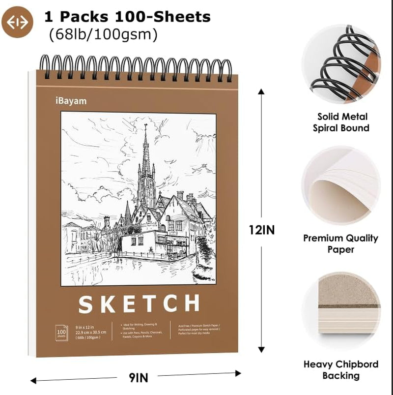 9" X 12" Premium Sketch Book Set, 1-Pack Spiral Bound Drawing Paper, 100 Sheets (68Lb/100Gsm) Sketchbook, Acid-Free Art Drawing Painting Sketching Pad Supplies for Kids, Teens, Adults, Artists