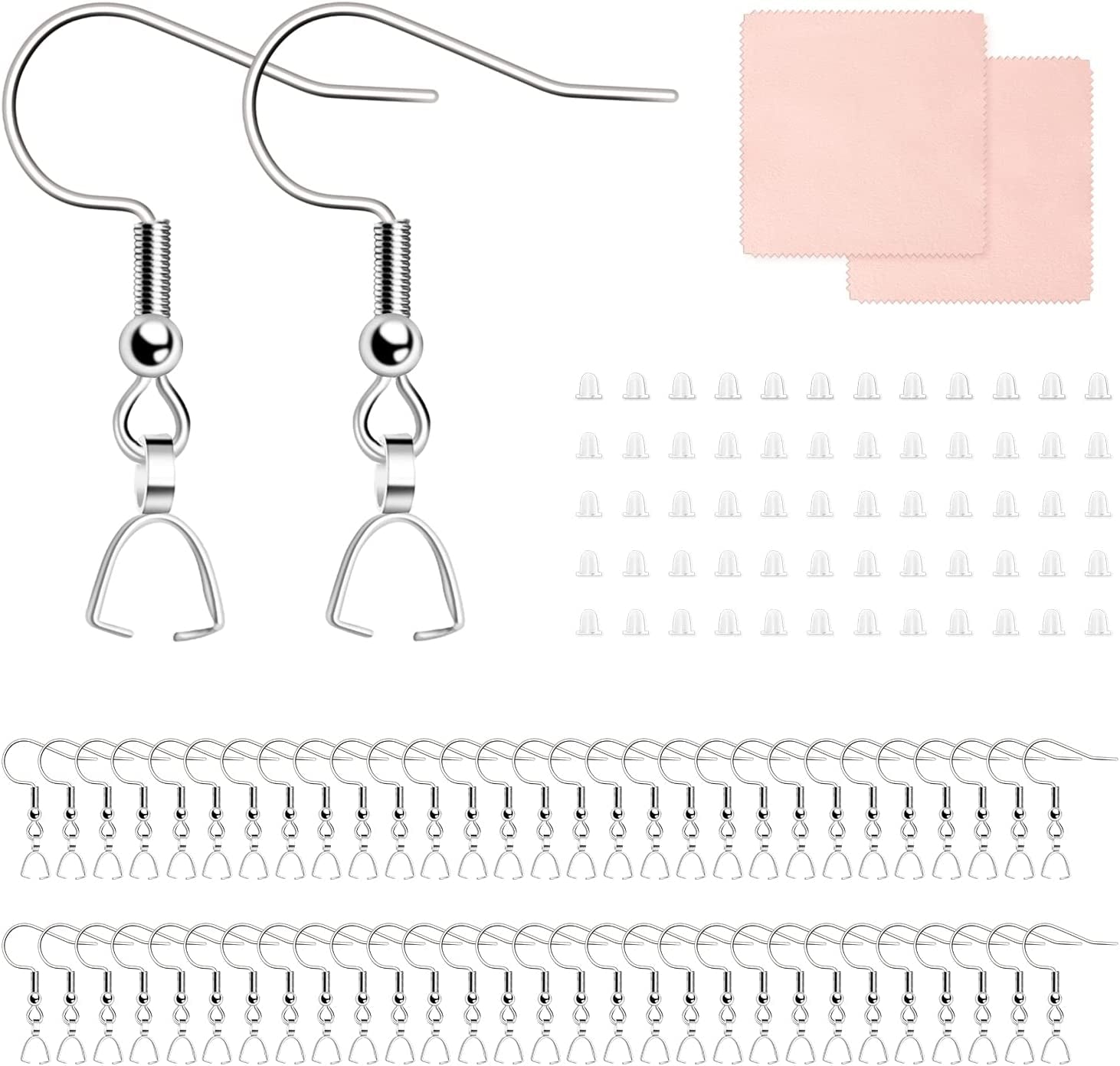 Stainless Steel Hypoallergenic Earring Hooks, 100 Pieces Earring Making Kit, Earring Hooks with Pendant Clasp, Silicone Ear Backs and Polishing Cloth for Earring Making DIY (Silver) (100)