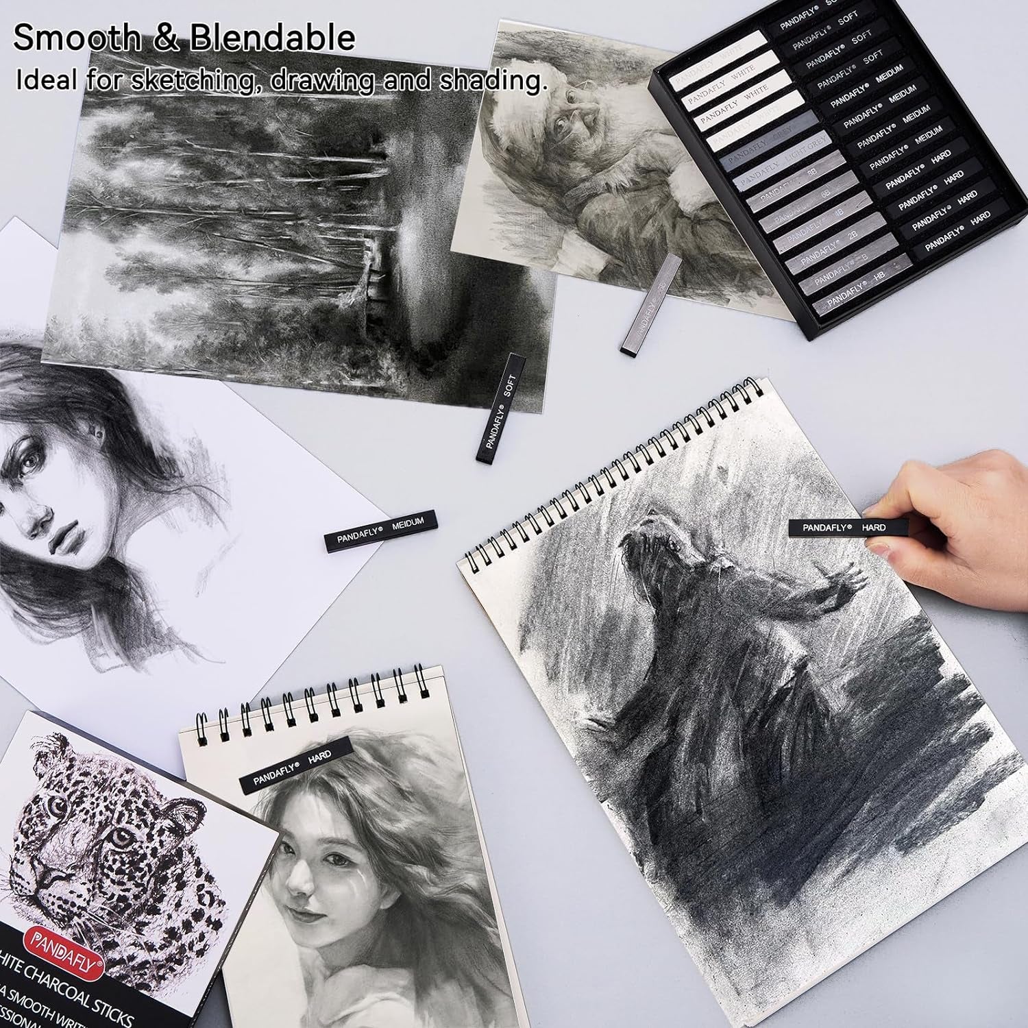 Compressed Graphite Charcoal Sticks, 24 Pieces Black & White Vine Charcoal Sticks for Drawing, Sketching, Shading, Charcoal Drawing Set for Beginners & Pro Artists