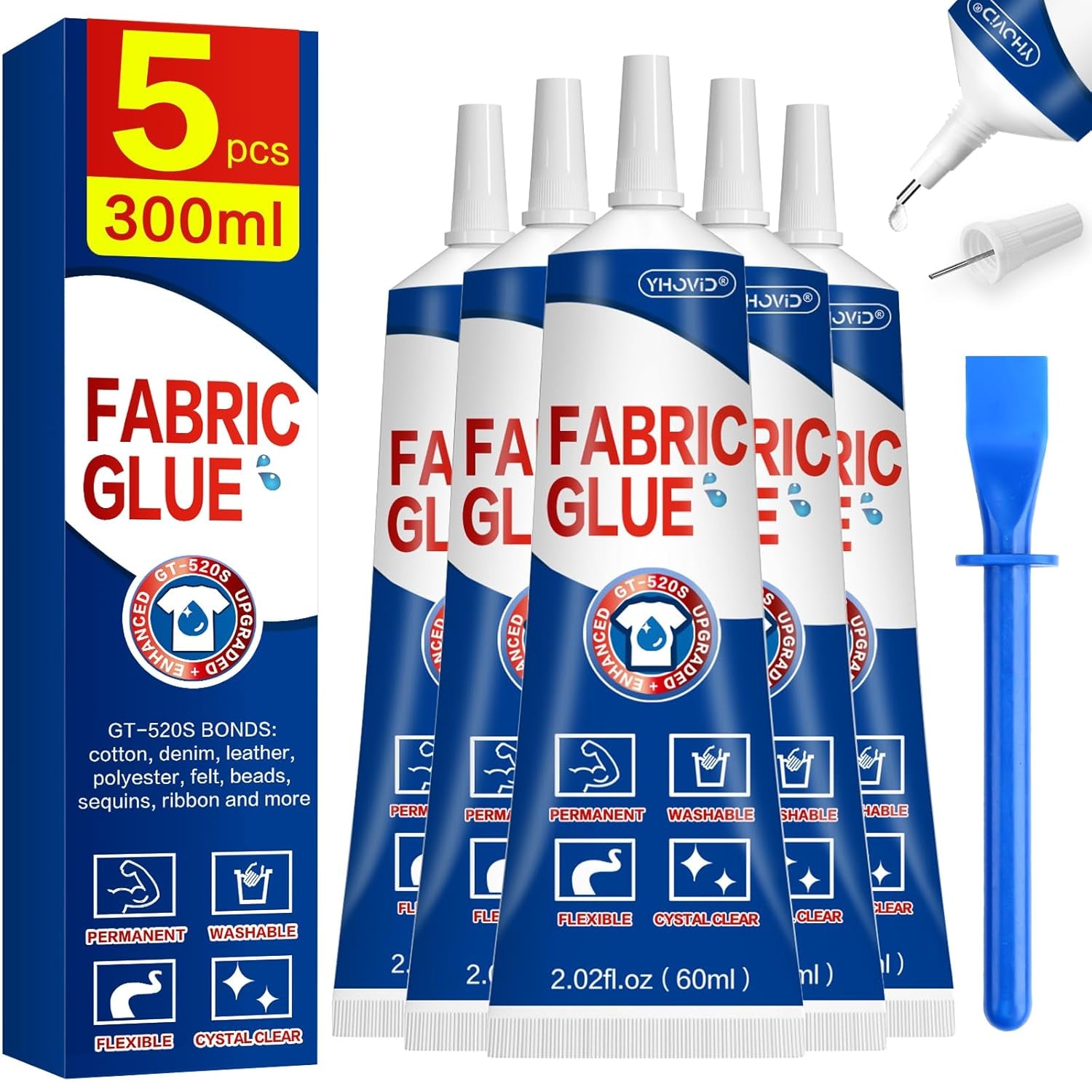 5 X 60ML Fabric Glue for Clothing Permanent Washable, Anti-Fray Check, Clear Liquid Stitch Fabric Adhesive, Super No-Sew Fusion Glue for All Patches, 24 Hours Dry and Waterproof