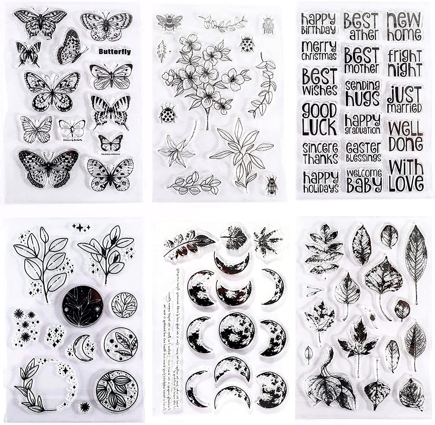 6 Sheets Clear Stamp Silicone Stamp Cards with Greeting Words, Flowers, Leaves, Butterflies, and Moons Pattern for Thanksgiving Christmas Holiday Card Making and DIY Scrapbooking Journaling