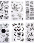 6 Sheets Clear Stamp Silicone Stamp Cards with Greeting Words, Flowers, Leaves, Butterflies, and Moons Pattern for Thanksgiving Christmas Holiday Card Making and DIY Scrapbooking Journaling