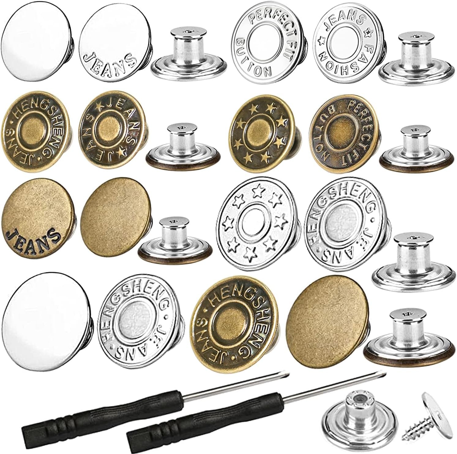 100 Sets Buttons for Jeans, 17Mm and 20Mm No-Sew Removable Adjustable Metal Jean Buttons Pins, Pants Jeans Button Replacement Tightener Repair Combo Thread Rivets and Screwdrivers in Storage Box