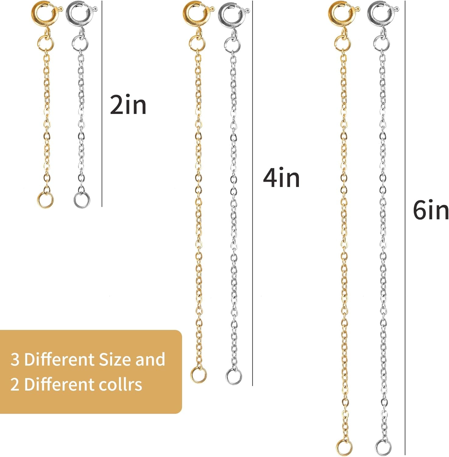 6 Pcs Necklace Extenders, 2", 4", 6" Silver and Gold Plated Necklace Extender Chain Set for Necklaces, Bracelet and Women Jewelry Making