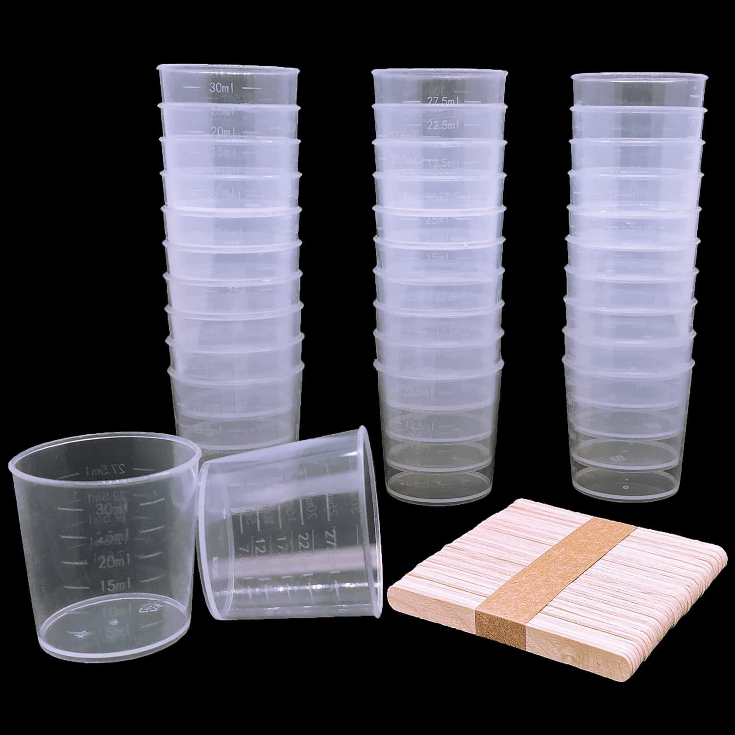 60 Pcs Plastic Graduated Cups, 30Ml/1Oz Clear Scale Cups with 50 Pcs Wooden Stirring Sticks for Epoxy, Resin, Stain, Mixing Paint