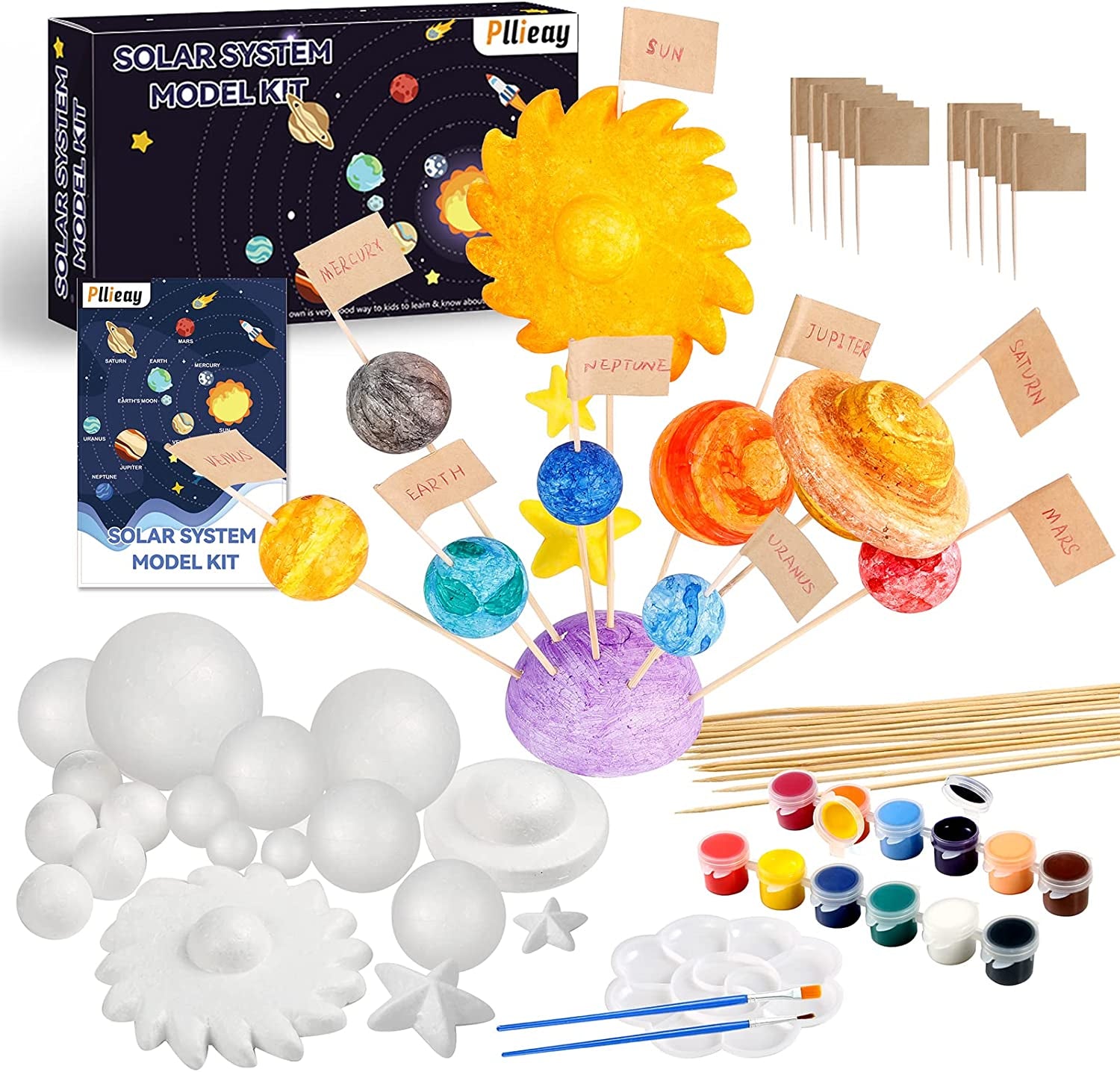 63PCS Solar System Foam Ball Kit Includes Color Pigments, Palette, Mixed Sized Polystyrene Spheres Balls, Toothpick Flag, Painting Brushes, Bamboo Sticks for School Science Projects