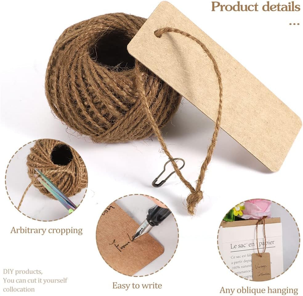 100 Pcs Gift Tags with String, Christmas Stocking Tags Blank Marking Tags with Safety Pins,Name Tags for Gift Bags Label Clothes Arts and Crafts (Kraft Paper)