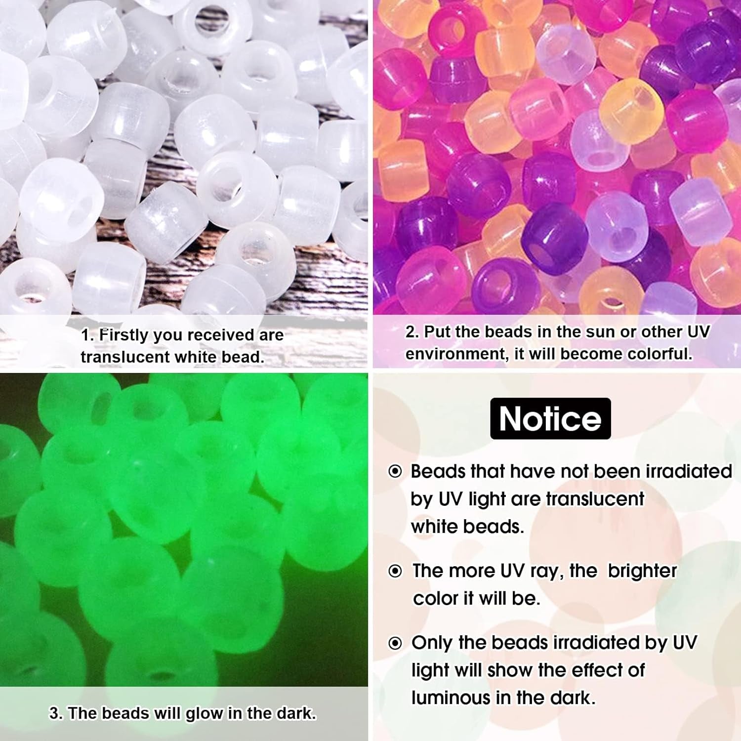 1500 Pcs UV Beads, Glow in the Dark Beads Color Changing Sun Sensitive UV Reactive Pony Beads, Plastic Solar Beads with Crystal Elastic String & 2 Elastic Cords