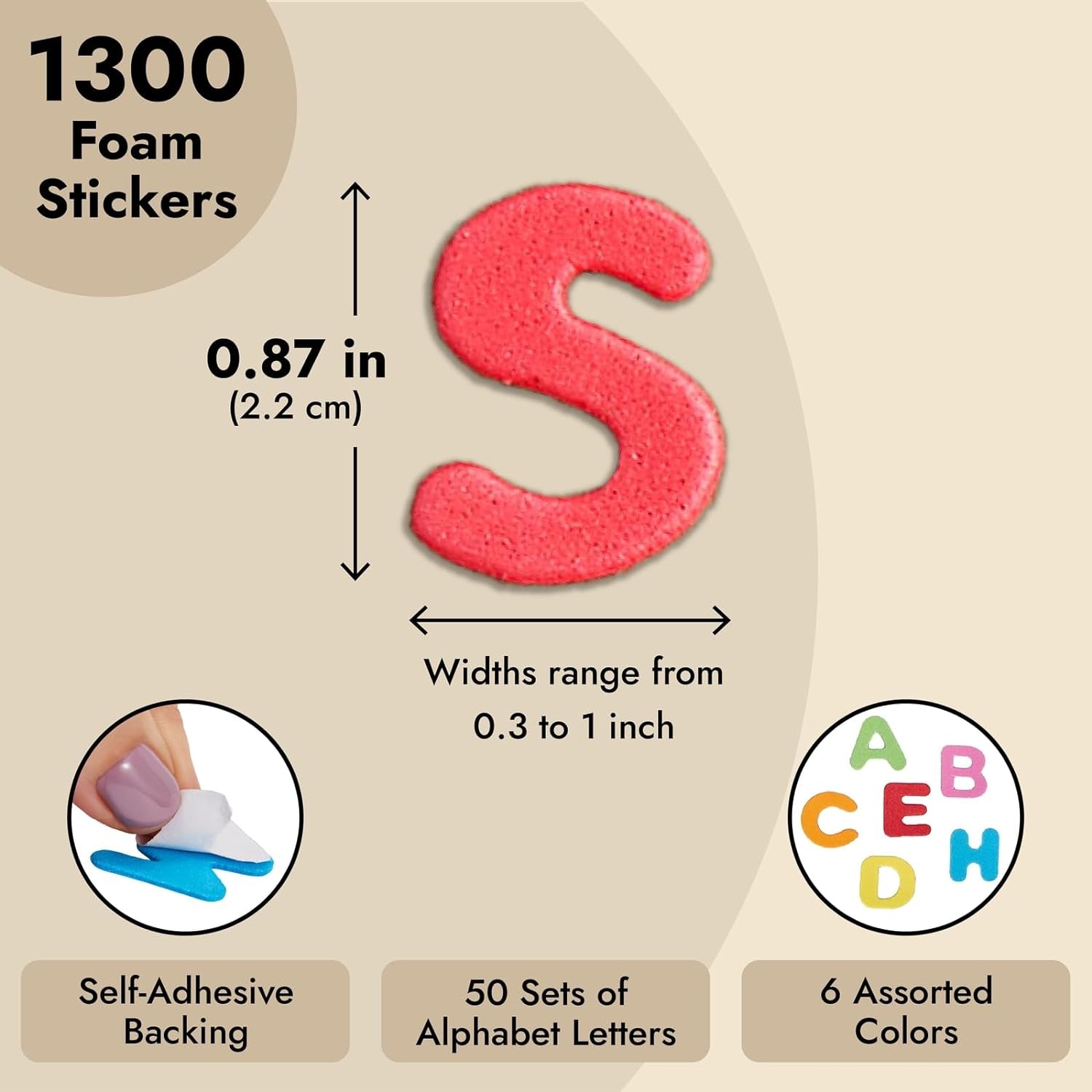1300 Pieces Small Foam Letter Stickers for Crafts, 50 Sets of Adhesive A-Z Alphabets for Kids (6 Colors)