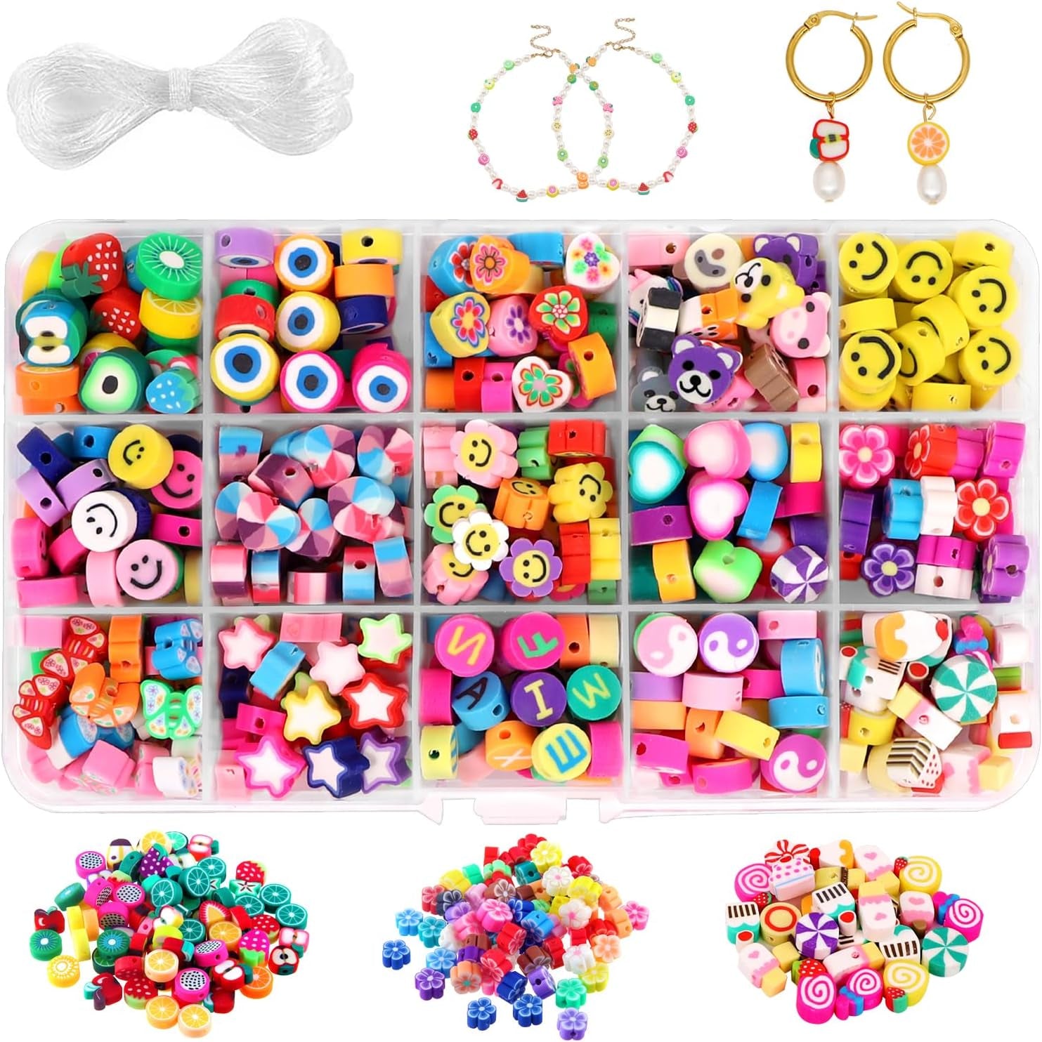 300PCS Clay Beads Charms,Fruit Flower Letter Beads Soft Beads for Women Girls Bracelet Making DIY Bracelet Necklace Earring Accessories with 4M Crystal Elastic String