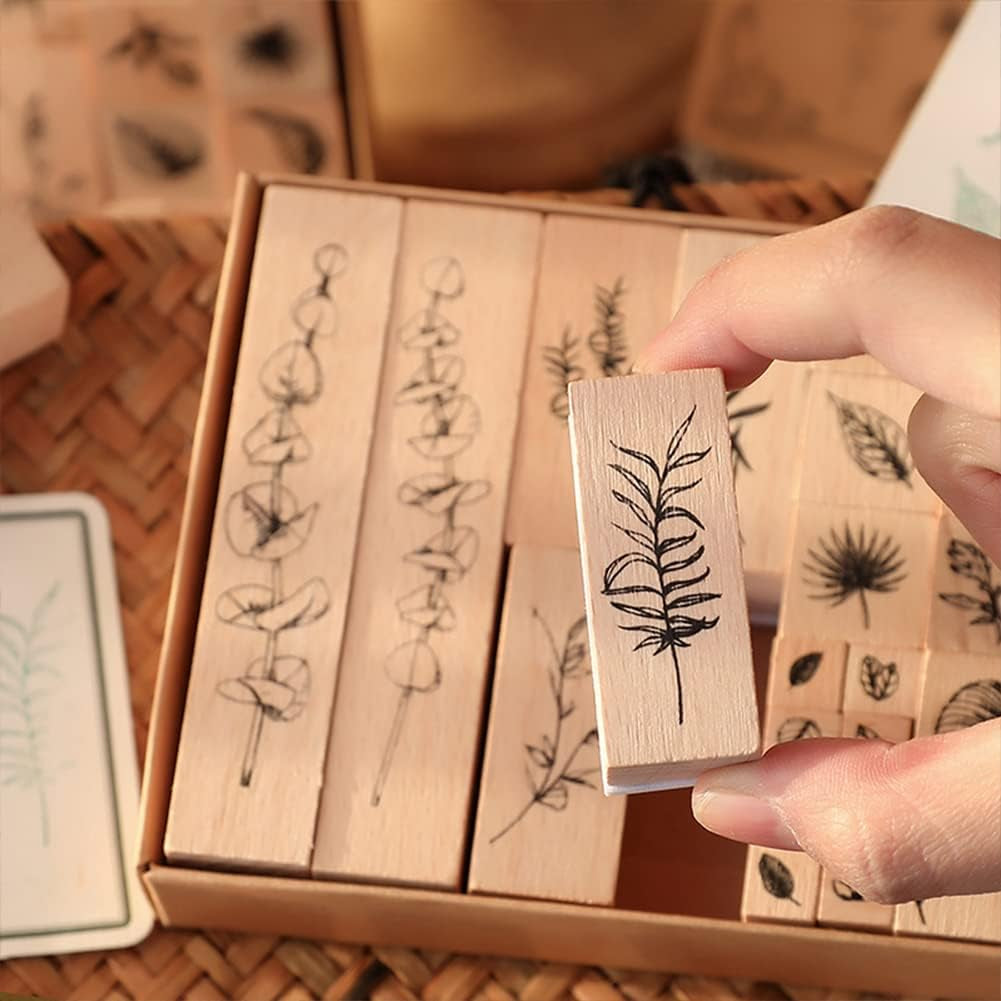 22 Pcs Plant Wooden Rubber Stamps Set, Plant Decorative Wooden Stamp DIY Craft Wooden Rubber Stamps (Plant 1)